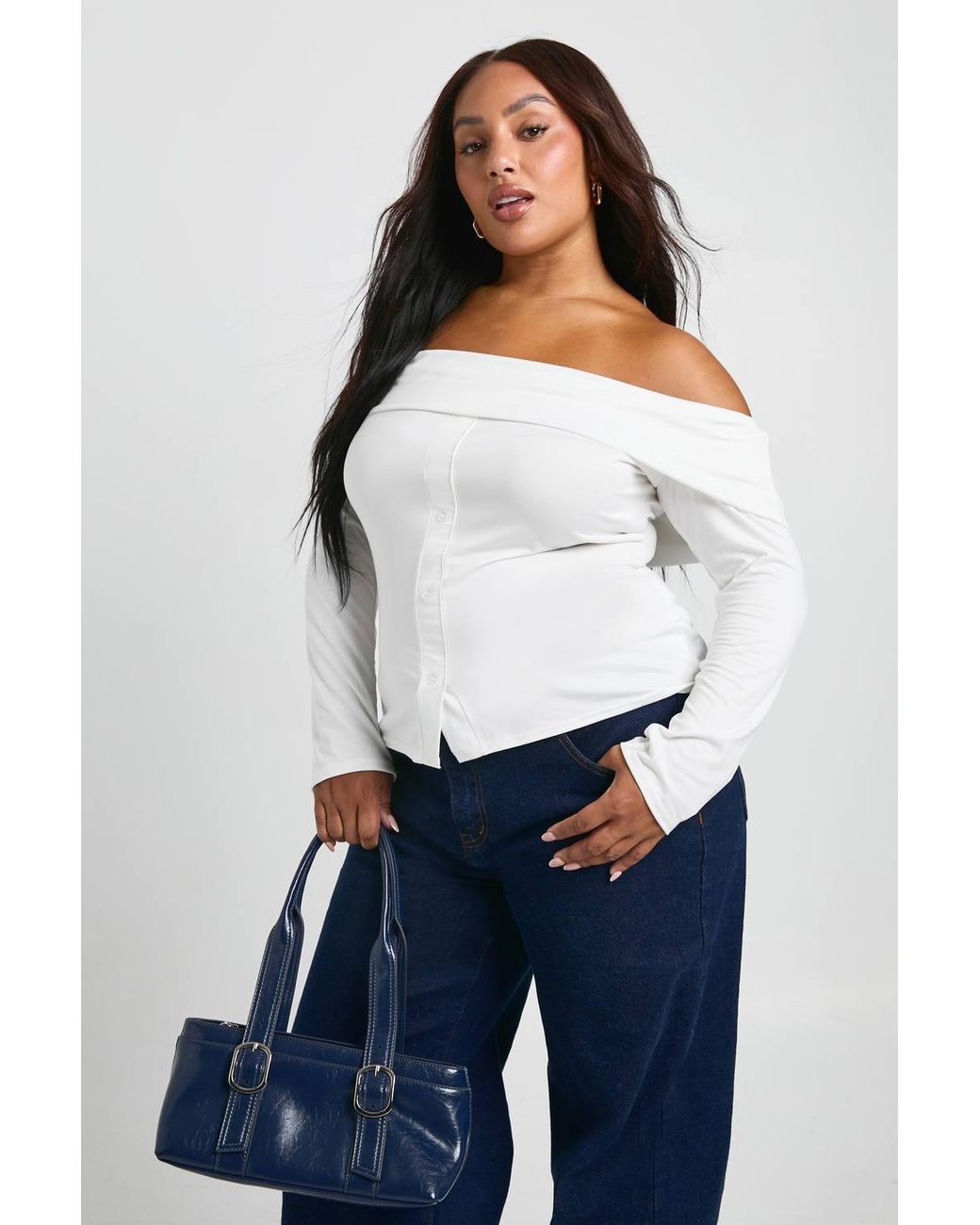 Boohoo White Plus Bardot Button Down Long Sleeve Top
