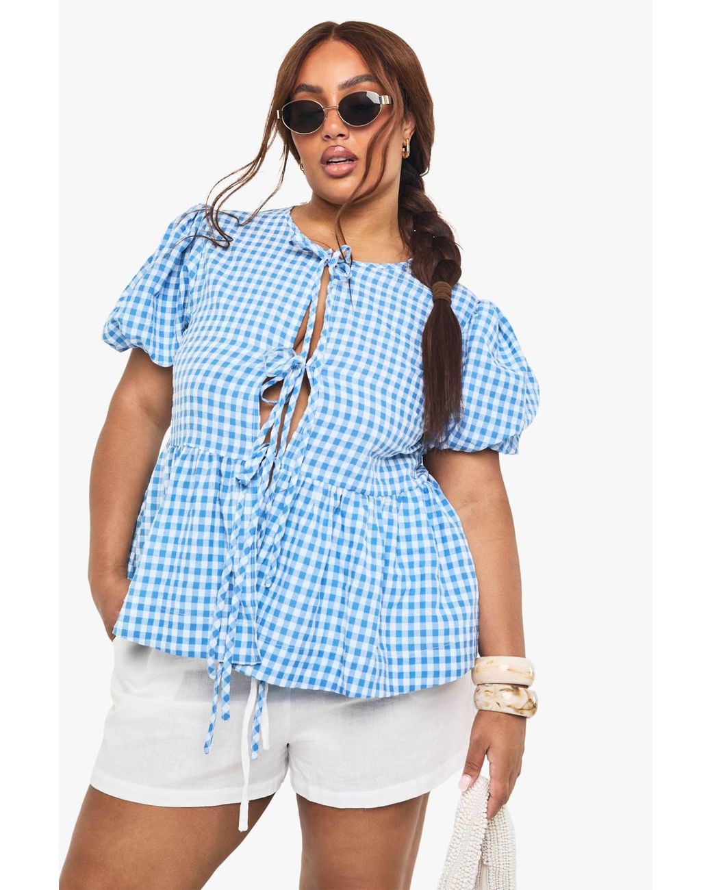 Boohoo Blue Plus Tie Front Gingham Top