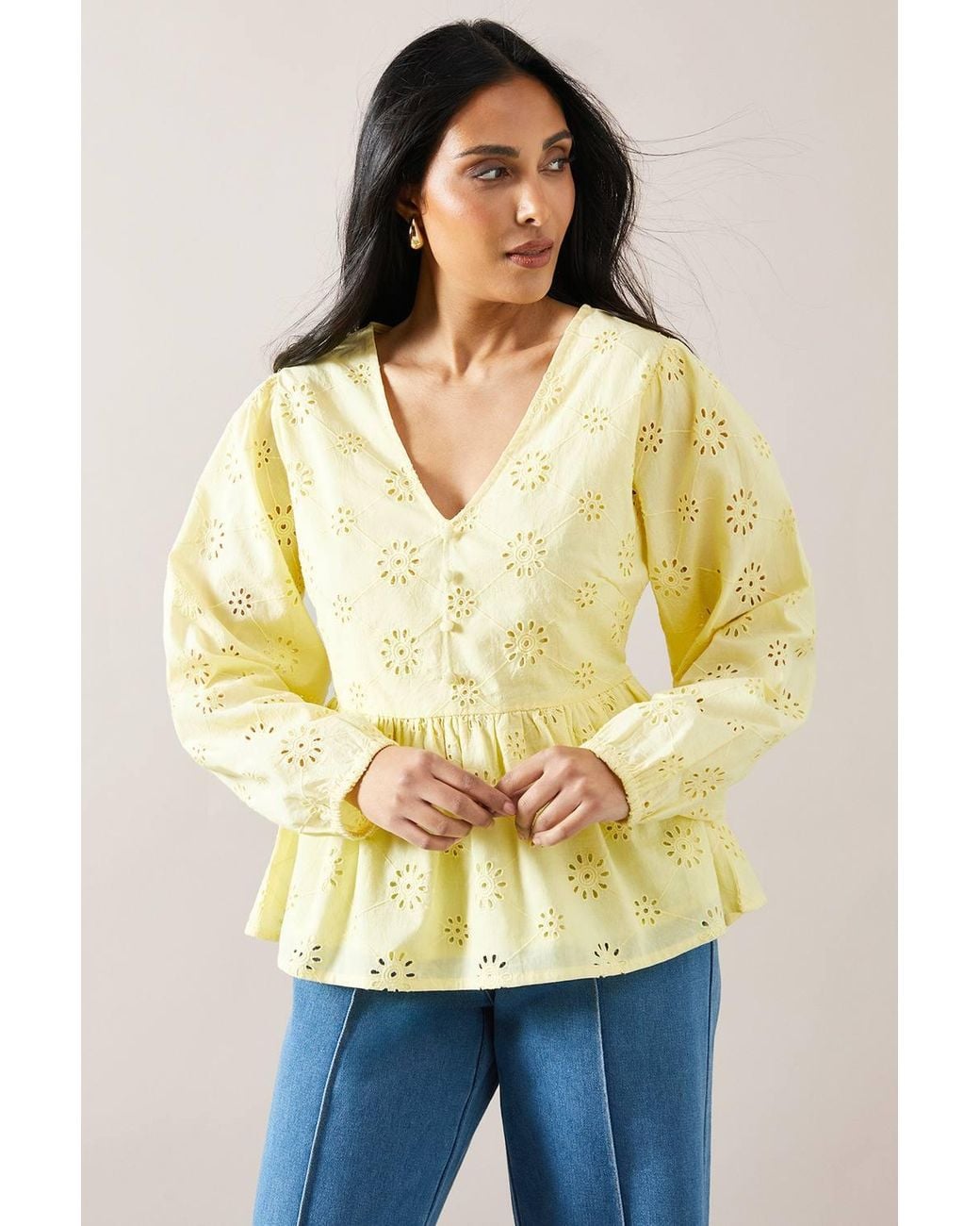 Wallis Yellow Petite Broderie Button Blouse