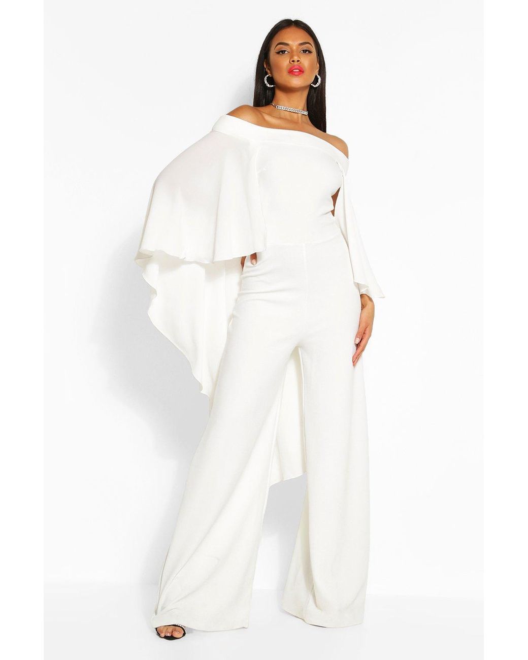 Boohoo Off The Shoulder Wide Leg Extreme Cape Jumpsuit in White | Lyst