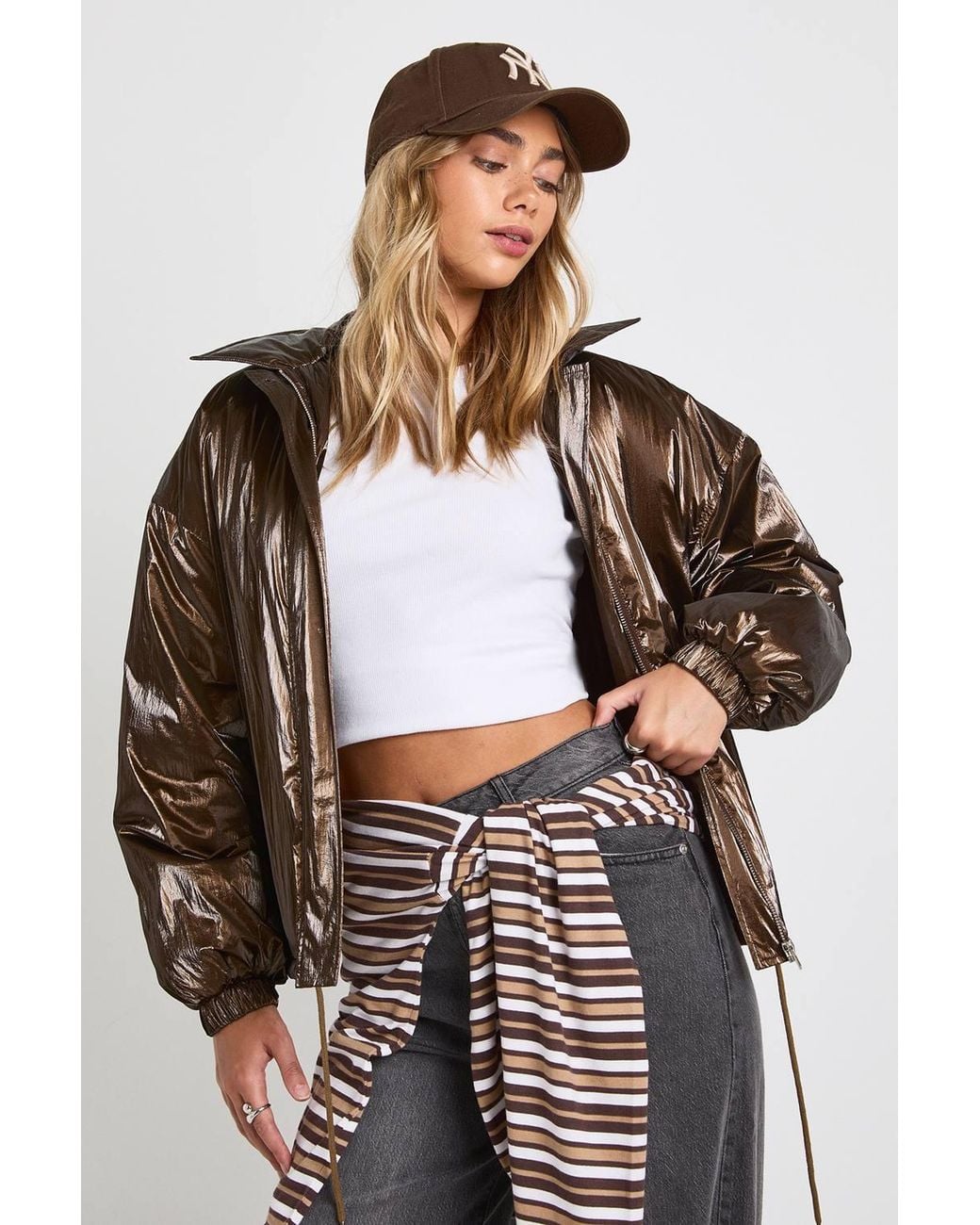 Boohoo Brown High Shine Bomber Jacket