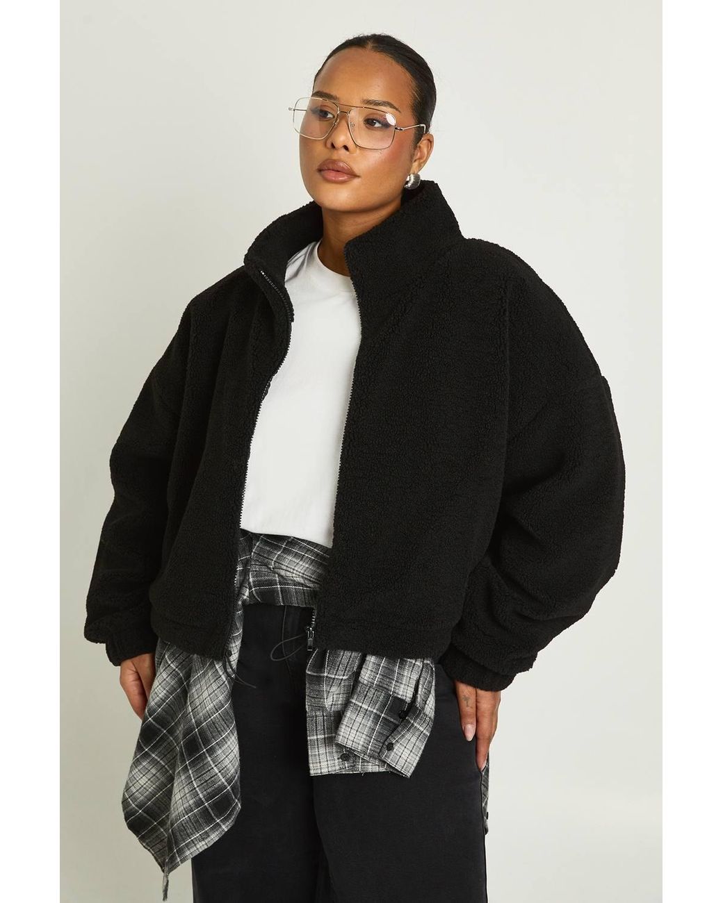 Boohoo Black Plus Boxy Teddy Bomber Jacket