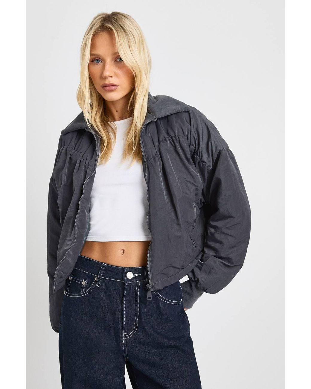 Boohoo Blue Ruched Bomber Jacket