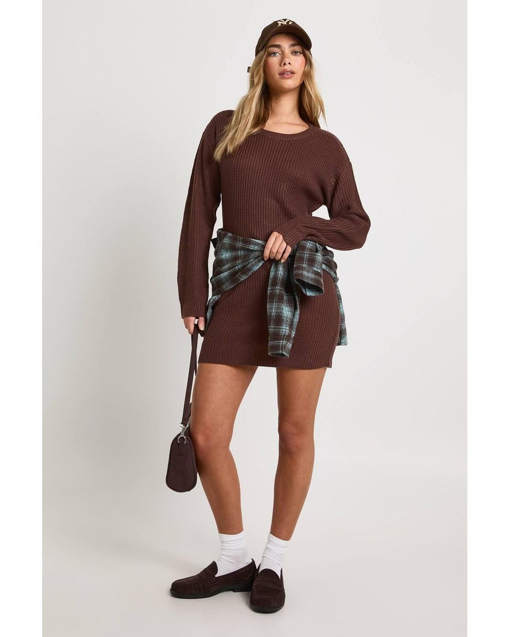 Boohoo Brown Basic Crew Neck Sweater Dress
