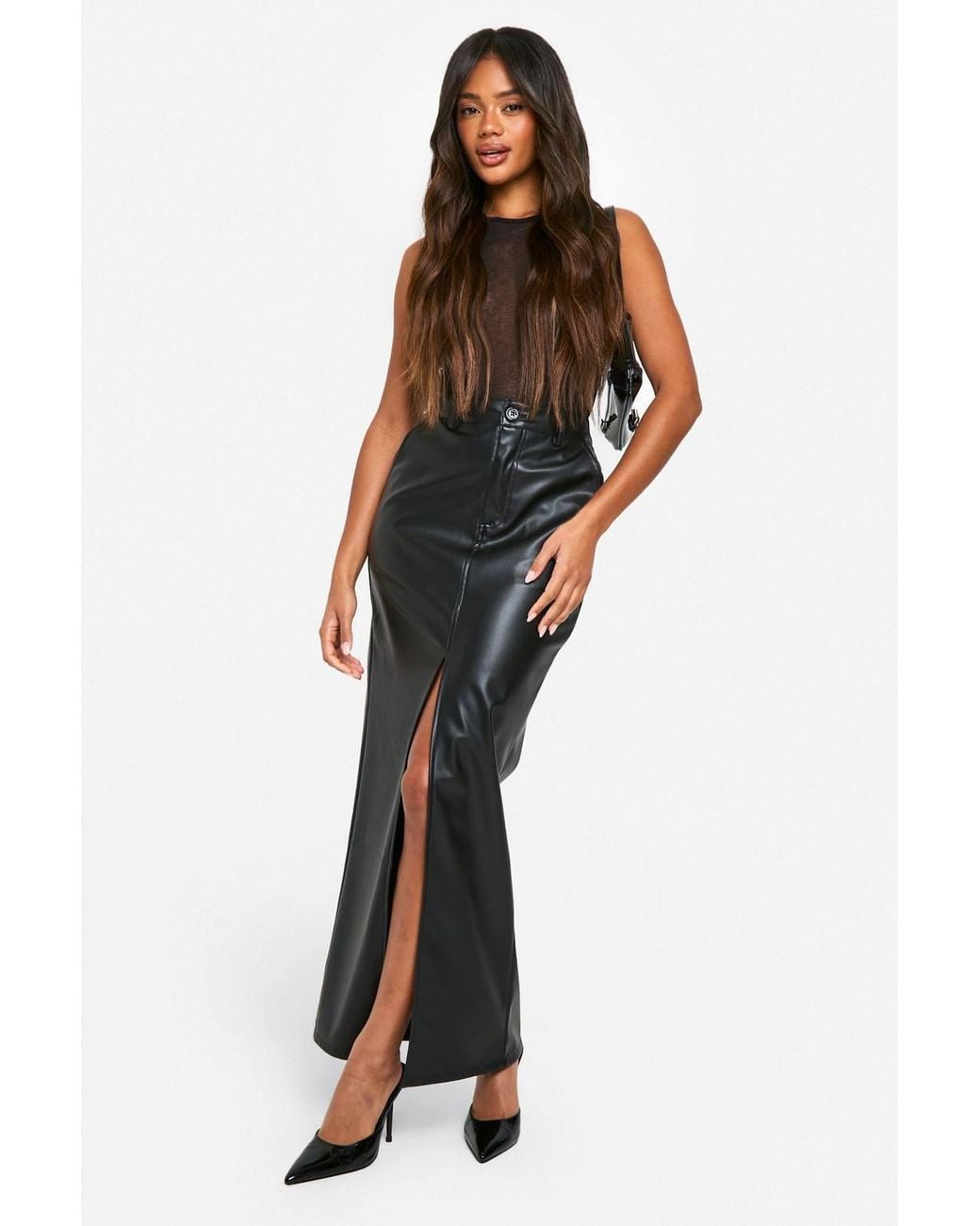 Boohoo Black Pu Split Front Maxi Skirt