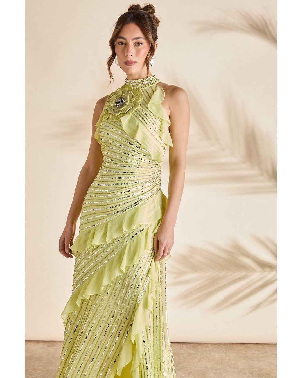 Coast Embellished Corsage Sequin Frill Maxi Dress in Yellow | Lyst