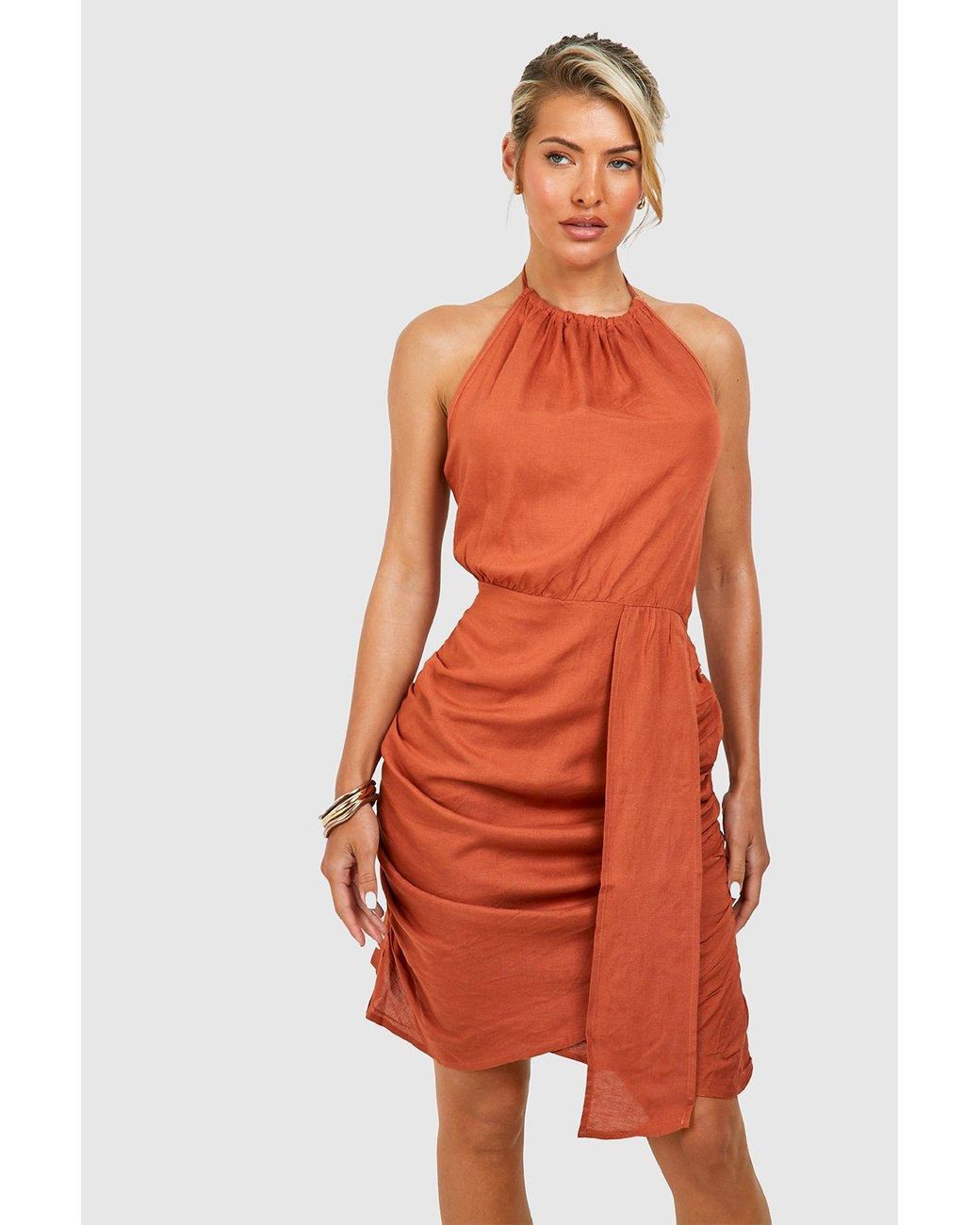 Boohoo Linen Halter Drape Detail Mini Dress in Orange Lyst