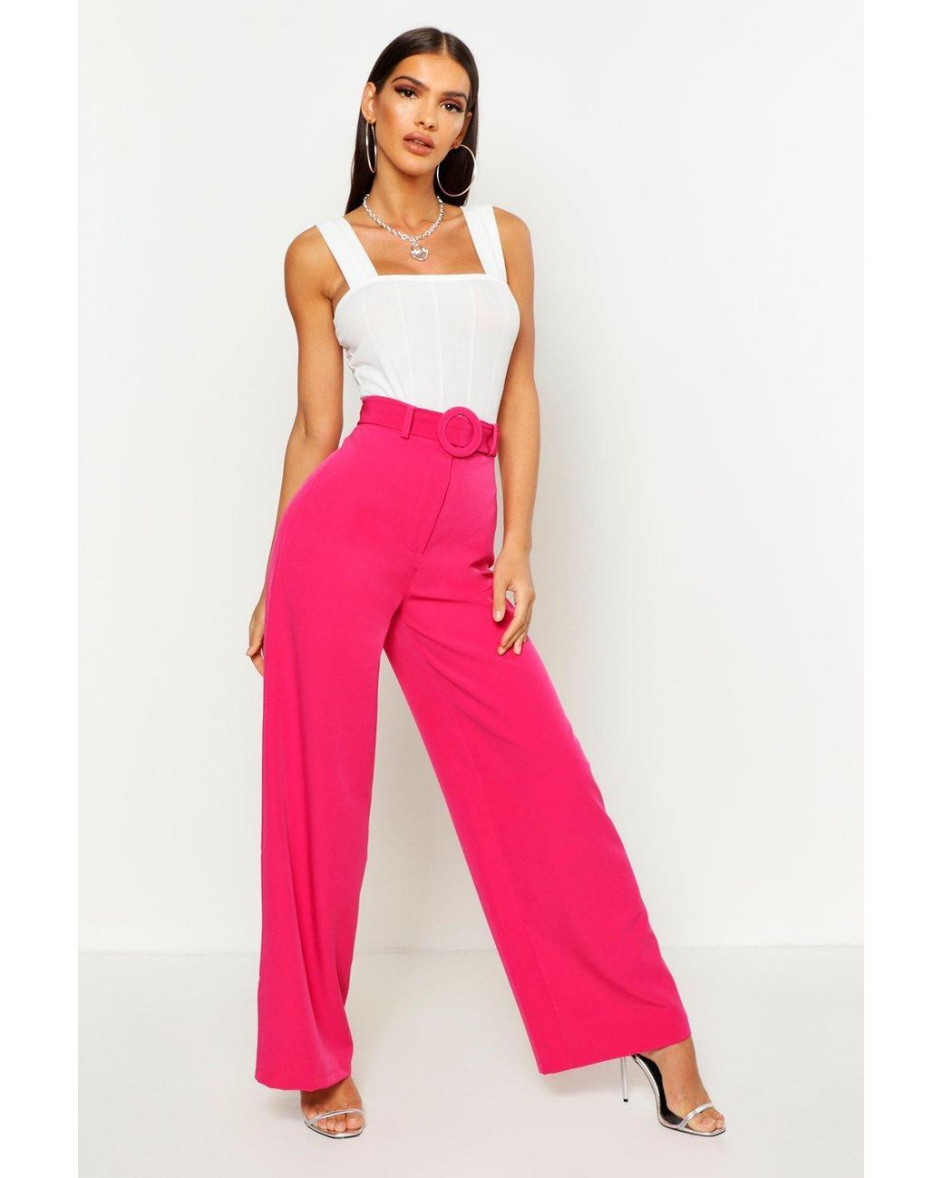 Boohoo Wide Leg Belted High Waist Pants in Pink | Lyst