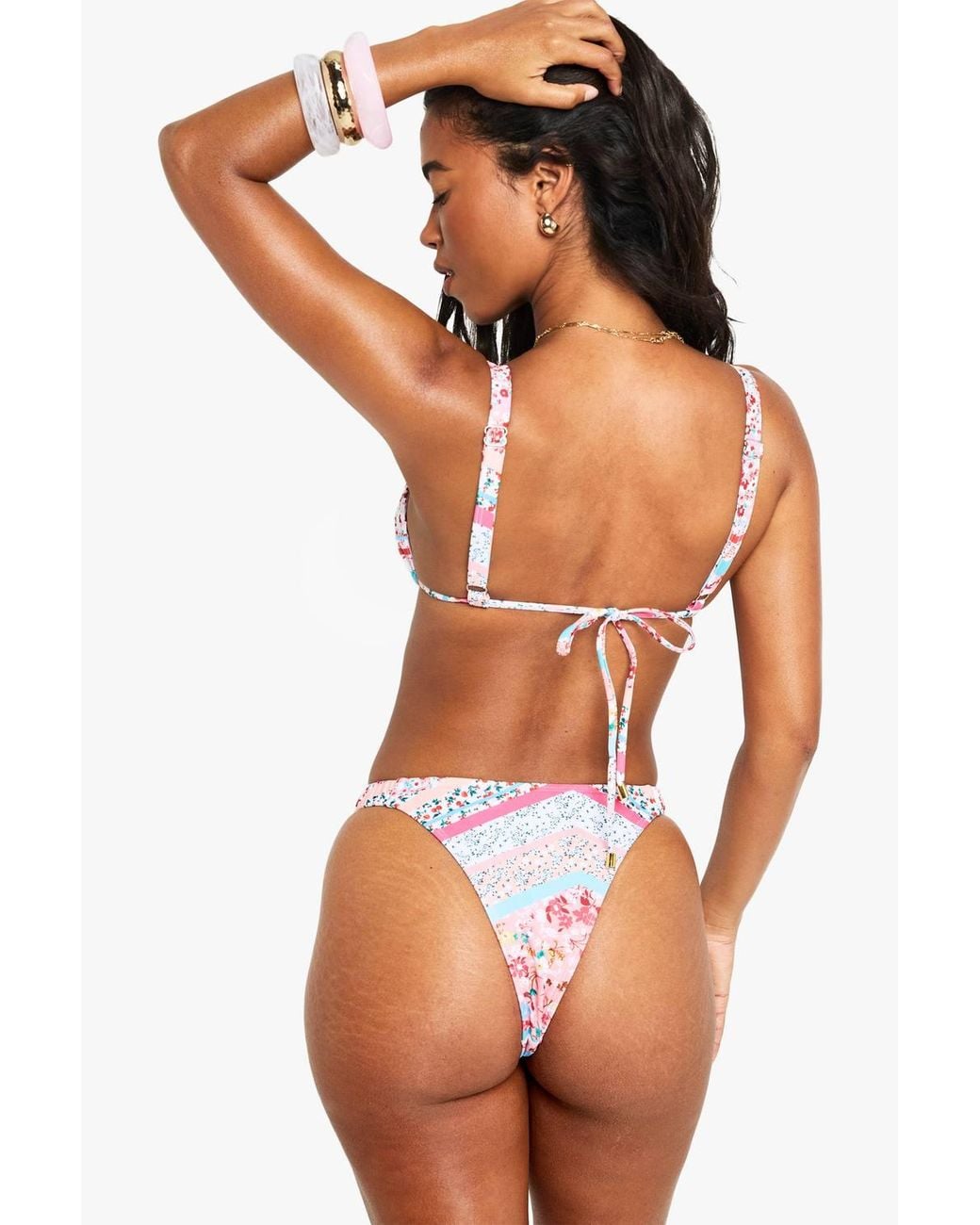 Boohoo Multicolor Patchwork Floral Print Triangle Bikini Top & High Leg Bikini Bottoms Set