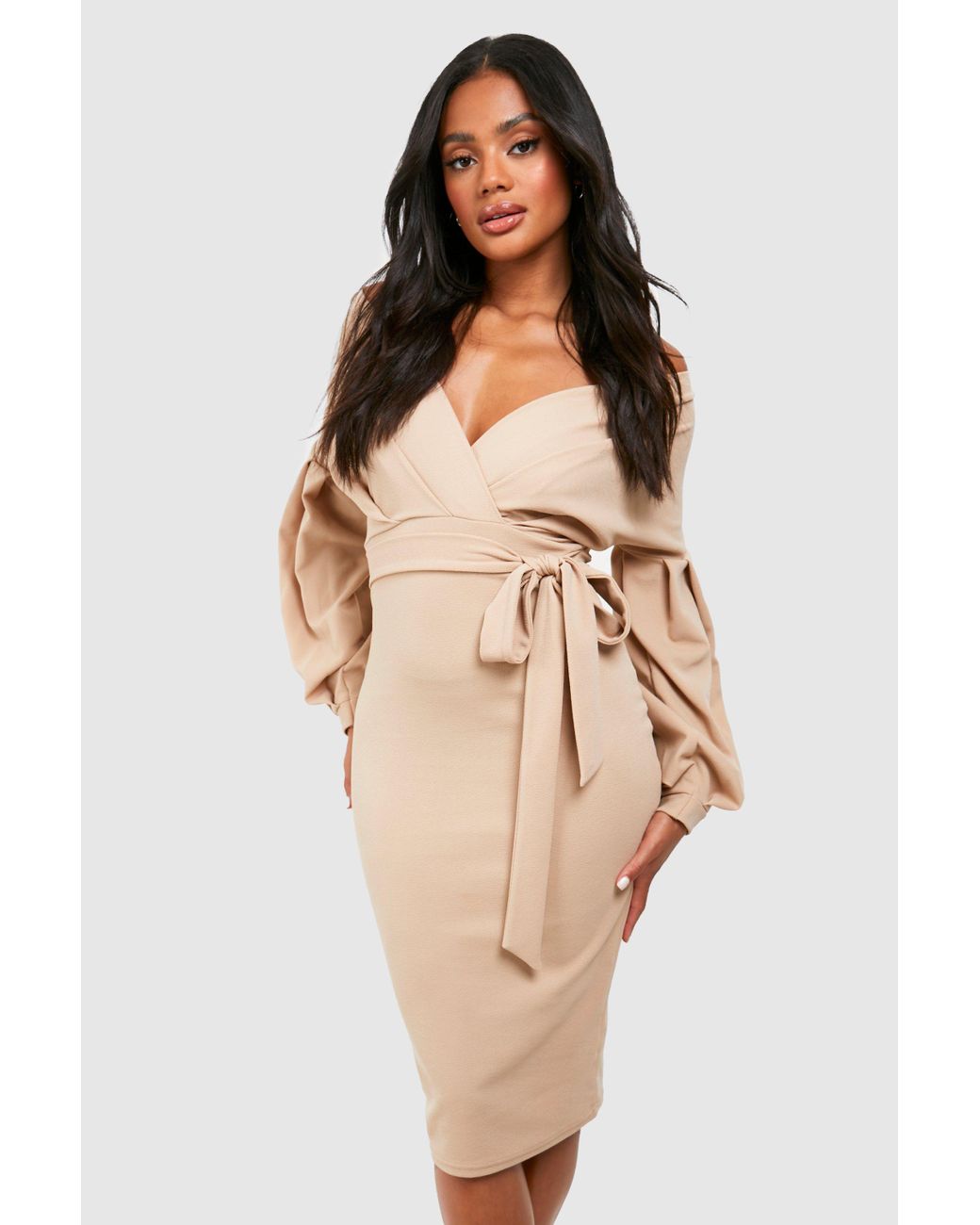 Boohoo Off The Shoulder Wrap Midi Dress in Natural | Lyst UK
