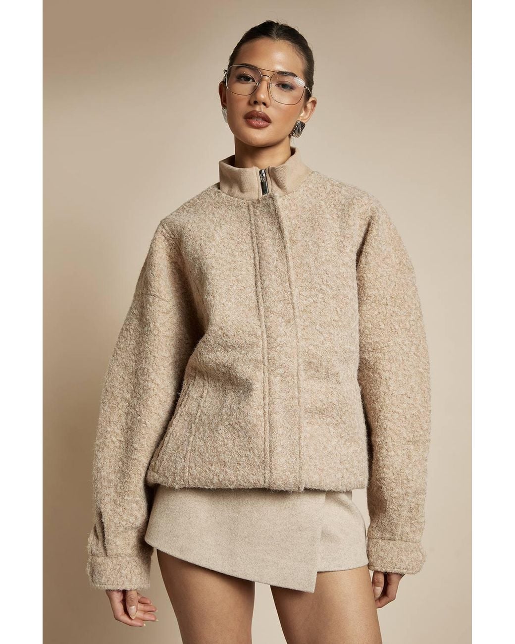 Boohoo Natural Boucle Wool Look Bomber Jacket