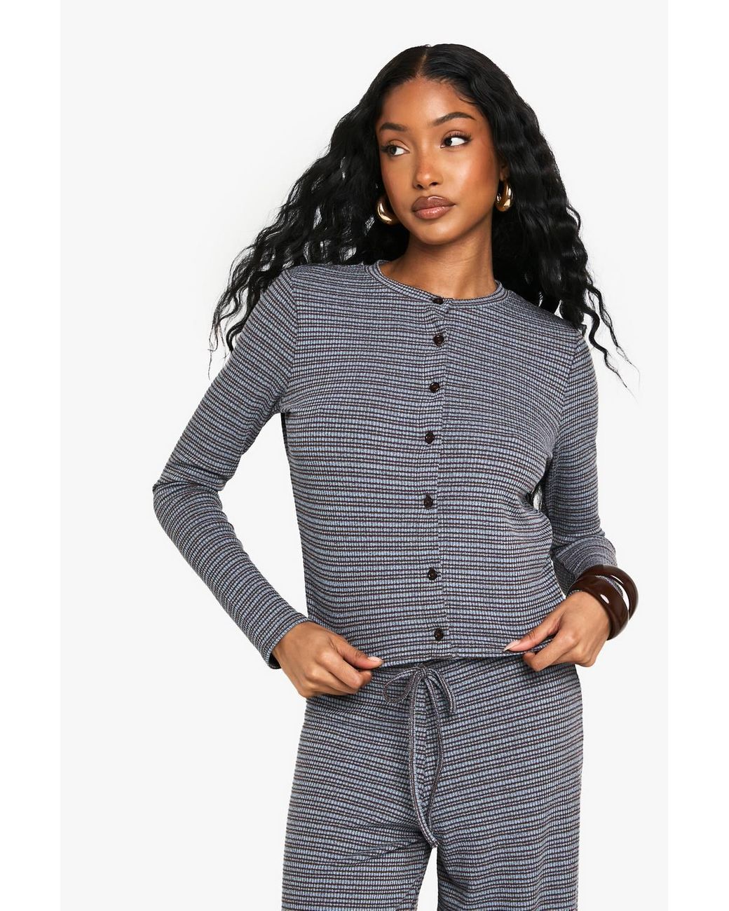 Boohoo Gray Striped Jersey Button Through Top