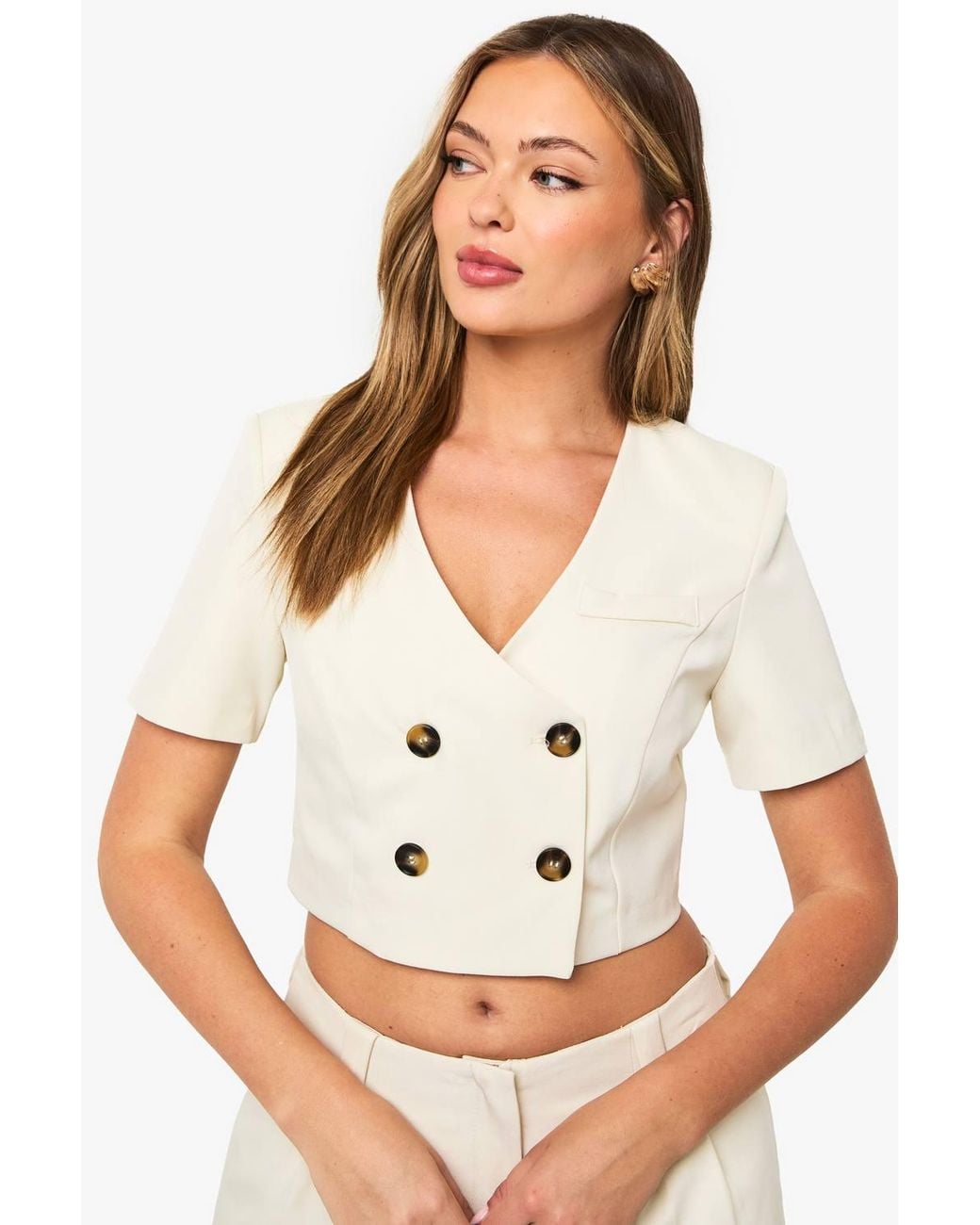 Boohoo White Contrast Button Collarless Cropped Blazer