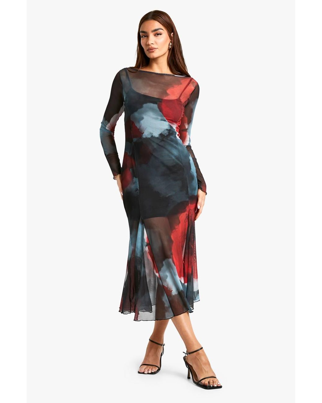 Boohoo Slash Neck Floral Mesh Print Godet Hem Midaxi Dress in Black | Lyst