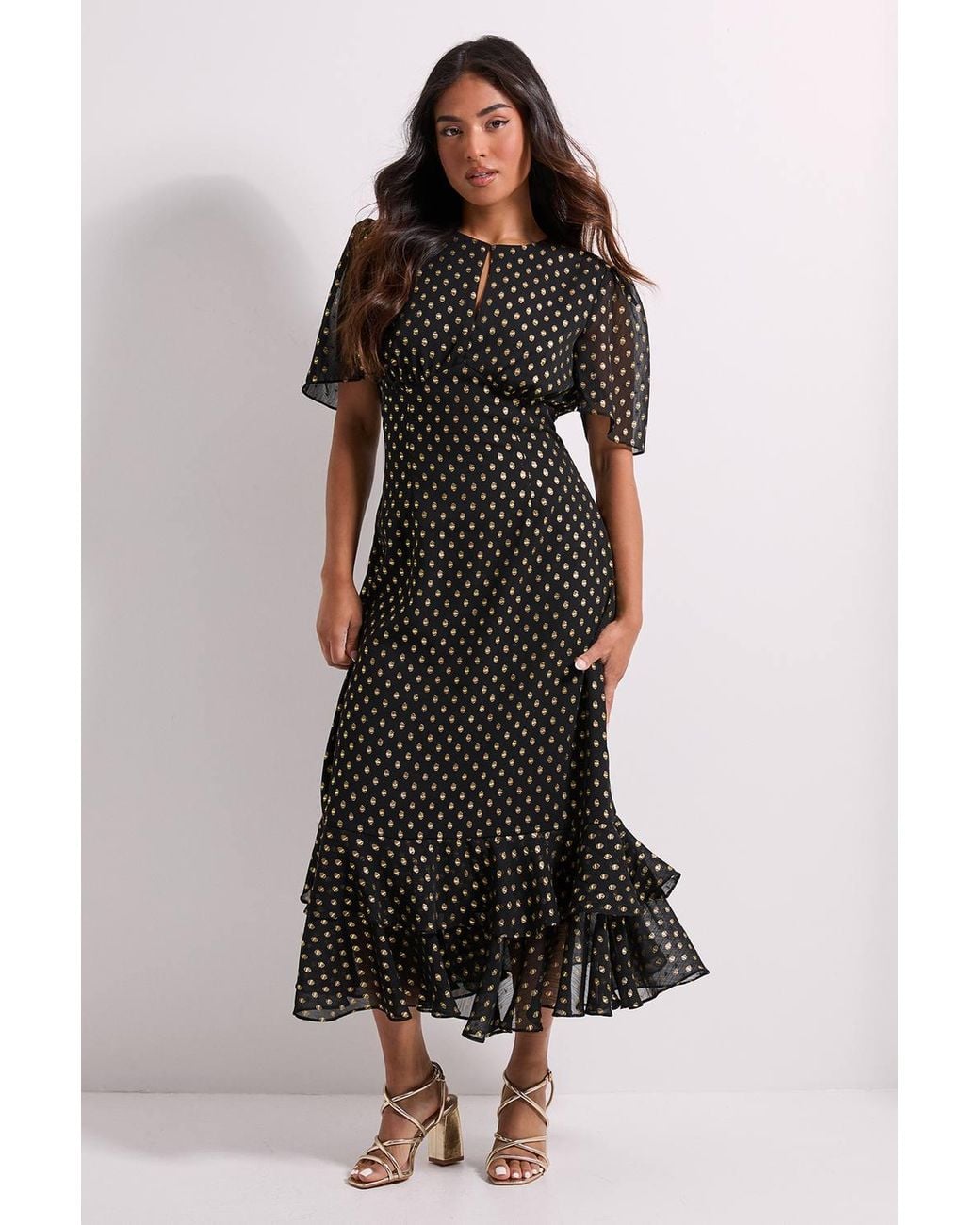 Dorothy Perkins Petite Dp Luxe Metallic Spot Chiffon Ruffle Hem Midi Dress in Black | Lyst Dorothy Perkins Petite Dp Luxe Metallic Spot Chiffon Ruffle Hem Midi Dress in Black | Lyst