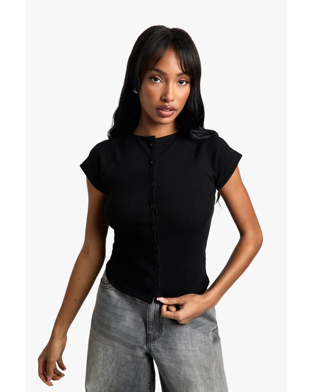 Boohoo Black Rib Button Through Cap Sleeve Top