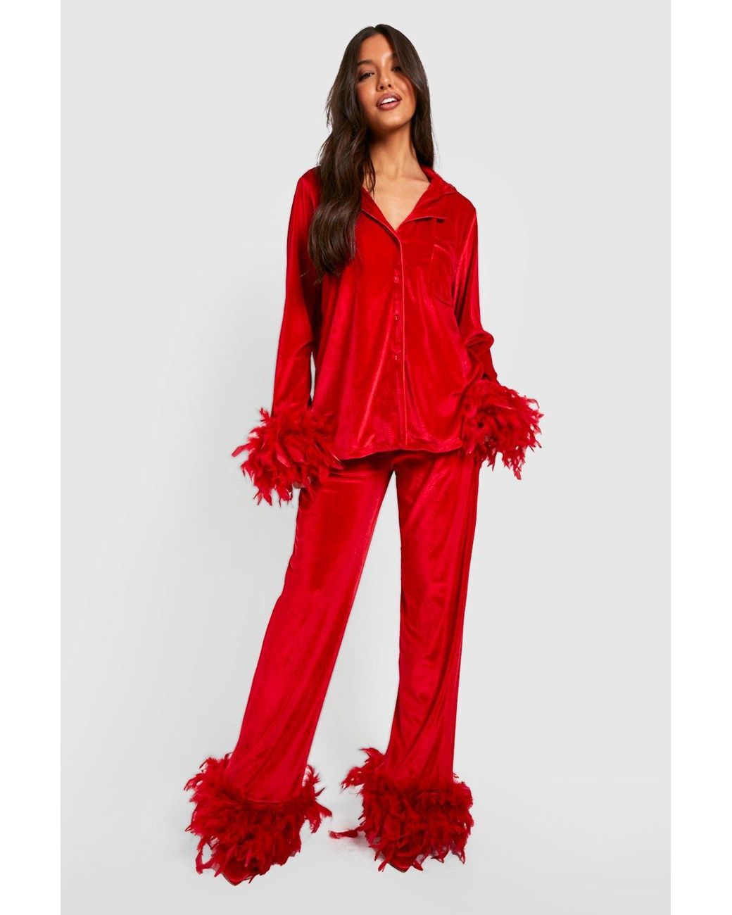 Boohoo Premium Velvet Feather Pajama Pants Set in Red Lyst
