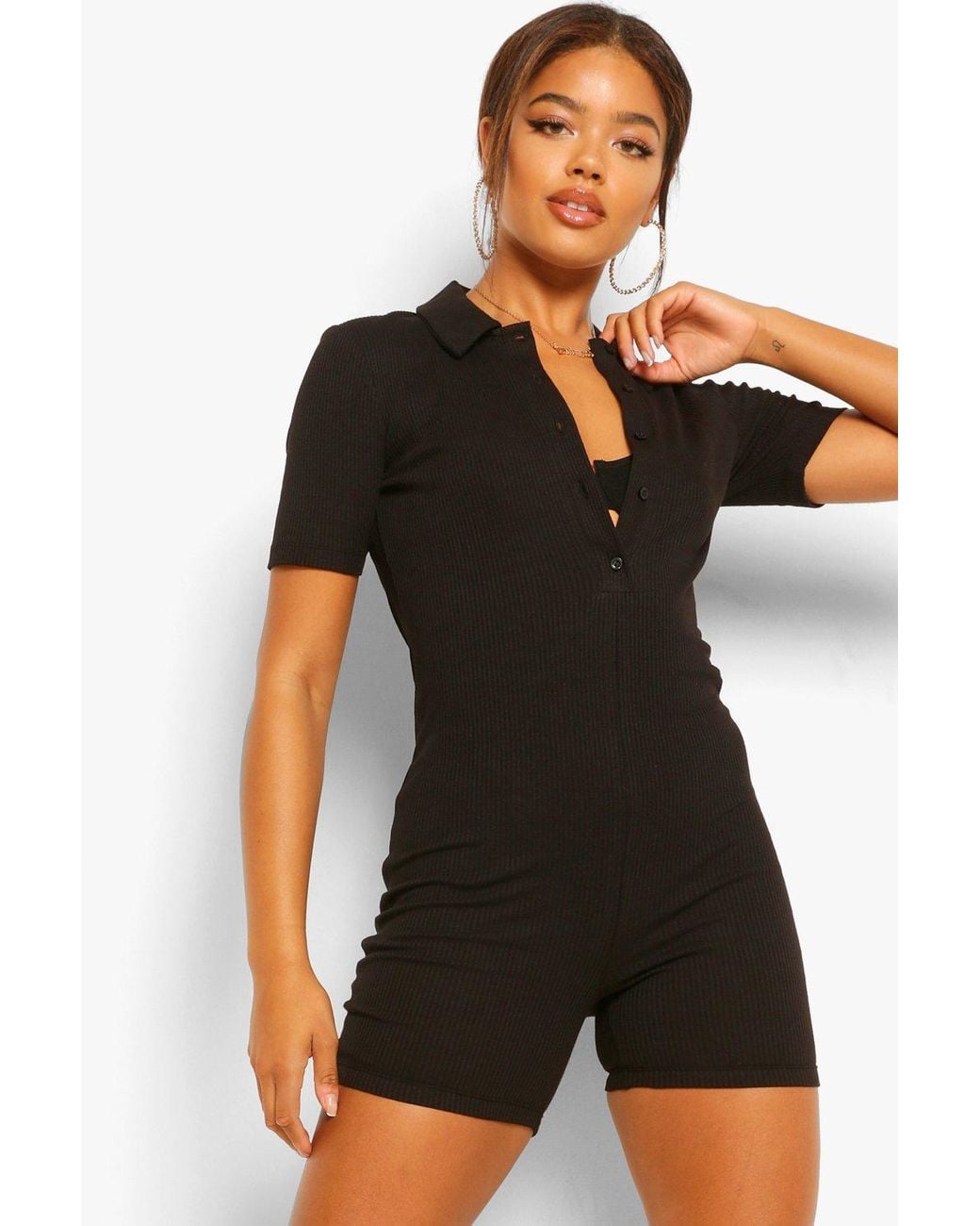 Boohoo Rib Collared Button Unitard 