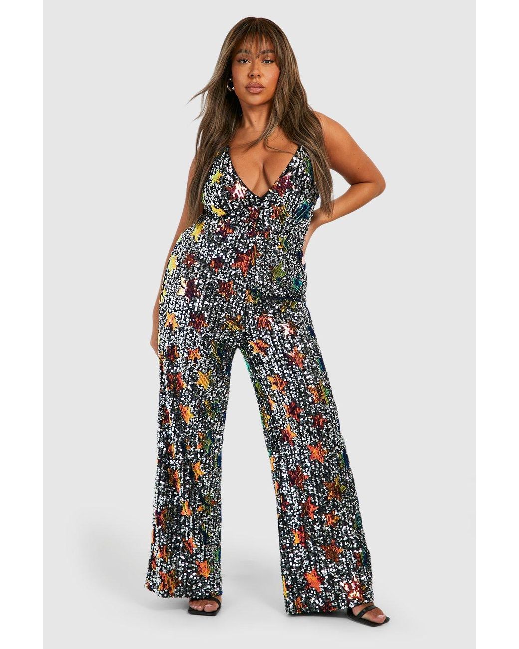 Boohoo Plus Star Sequin Strappy Wide Leg Jumpsuit in Blue