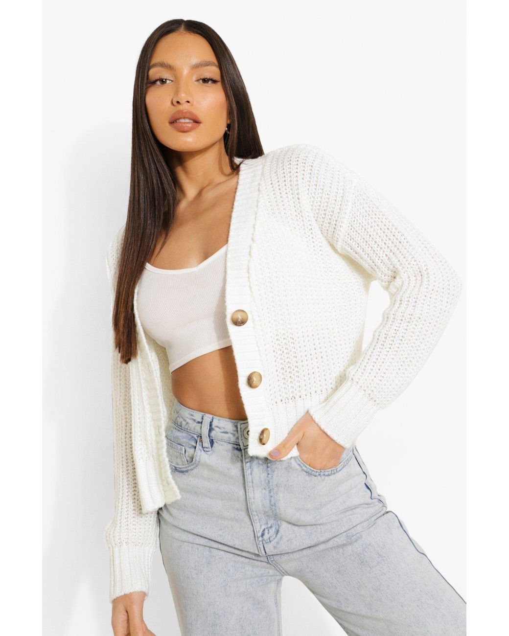 Boohoo Tall Chunky Knit Crop Cardigan in White - Lyst