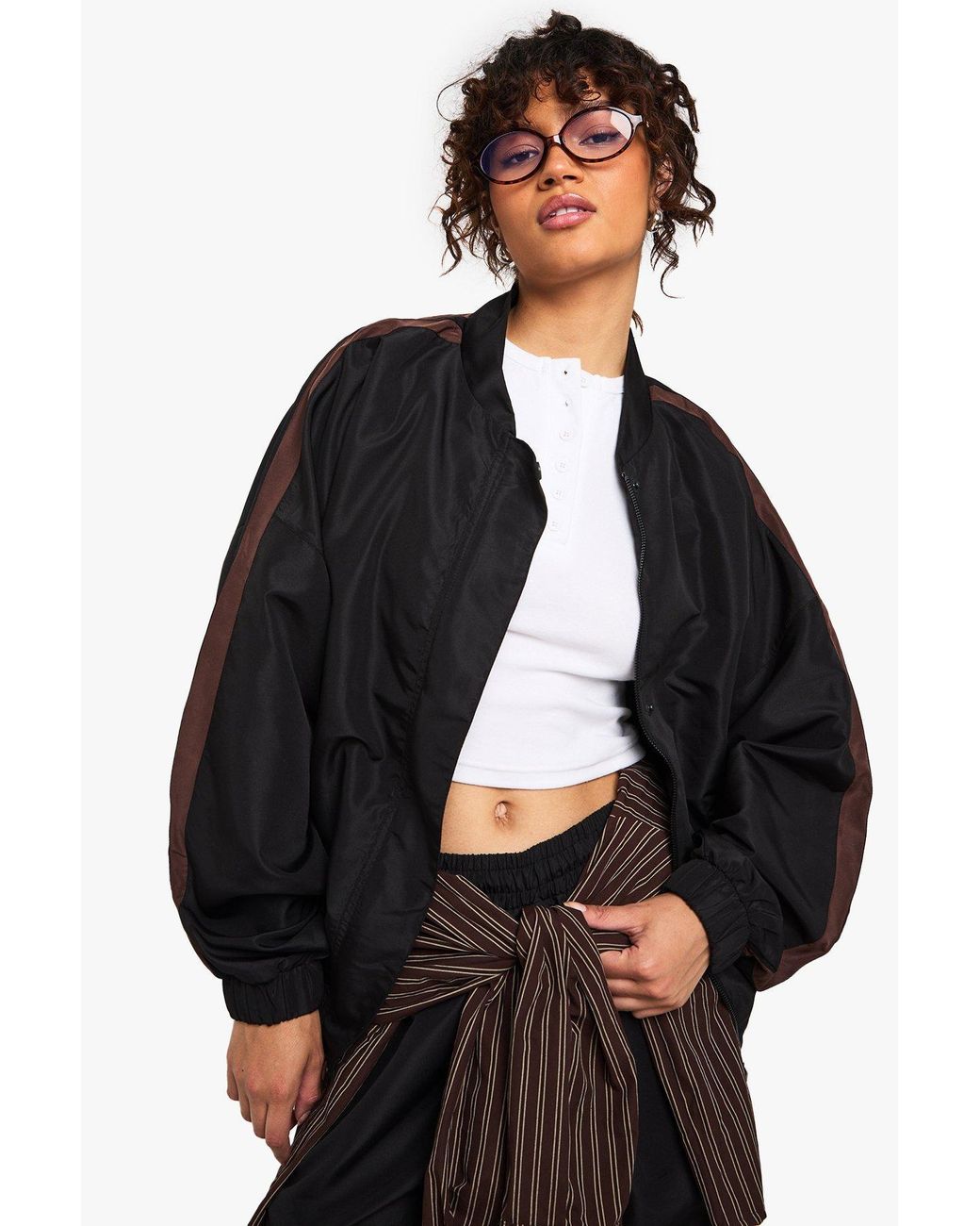 Boohoo Black Nylon Side Stripe Button Through Jacket