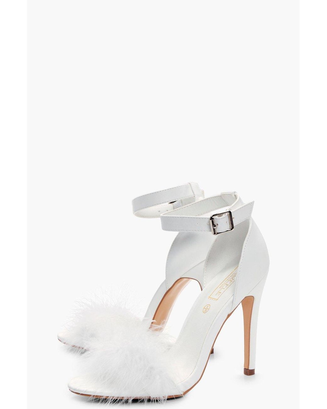 Boohoo Feather Trim Two Part Heels in White | Lyst