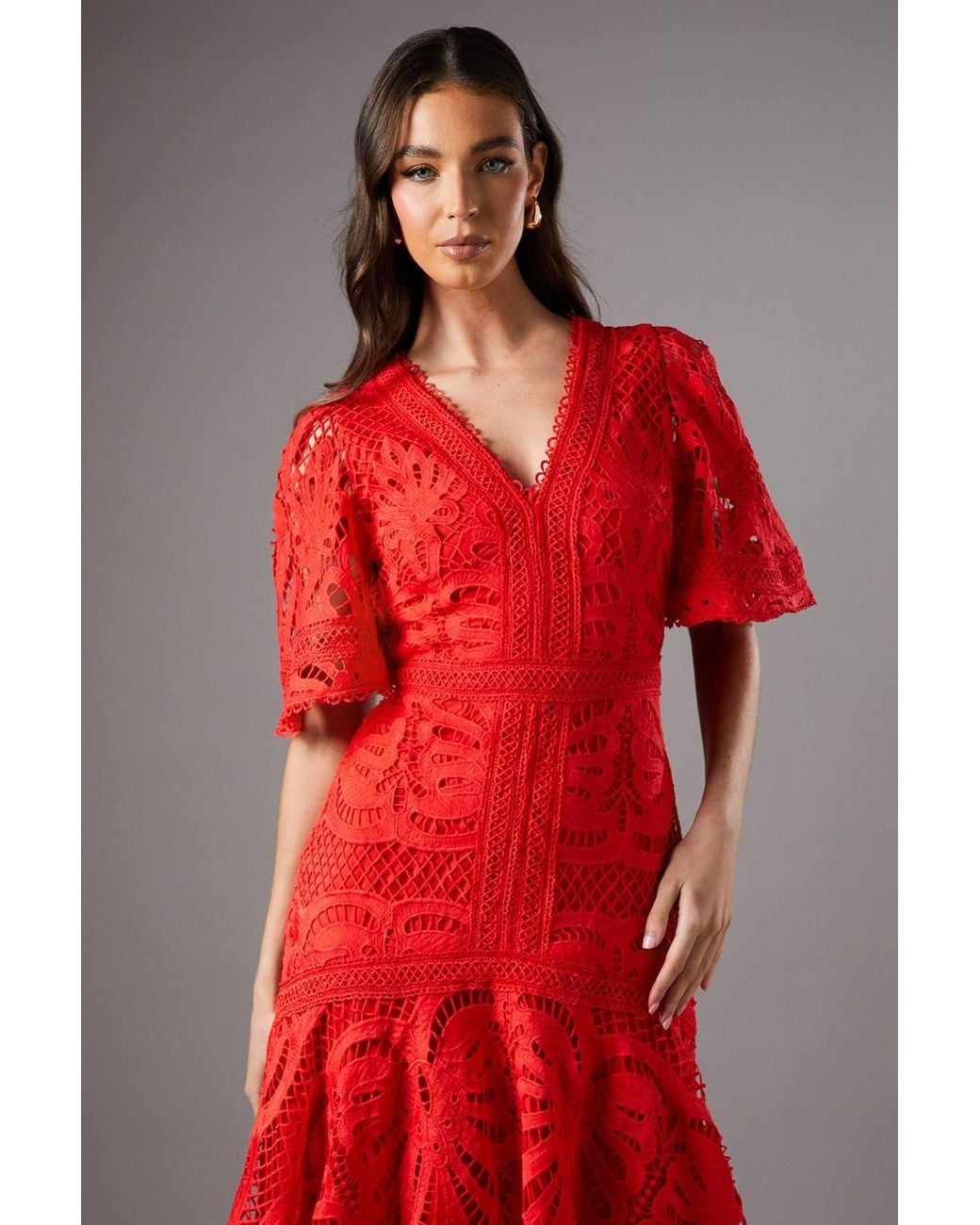 Coast Placement Lace Hanky Hem Dress in Red | Lyst