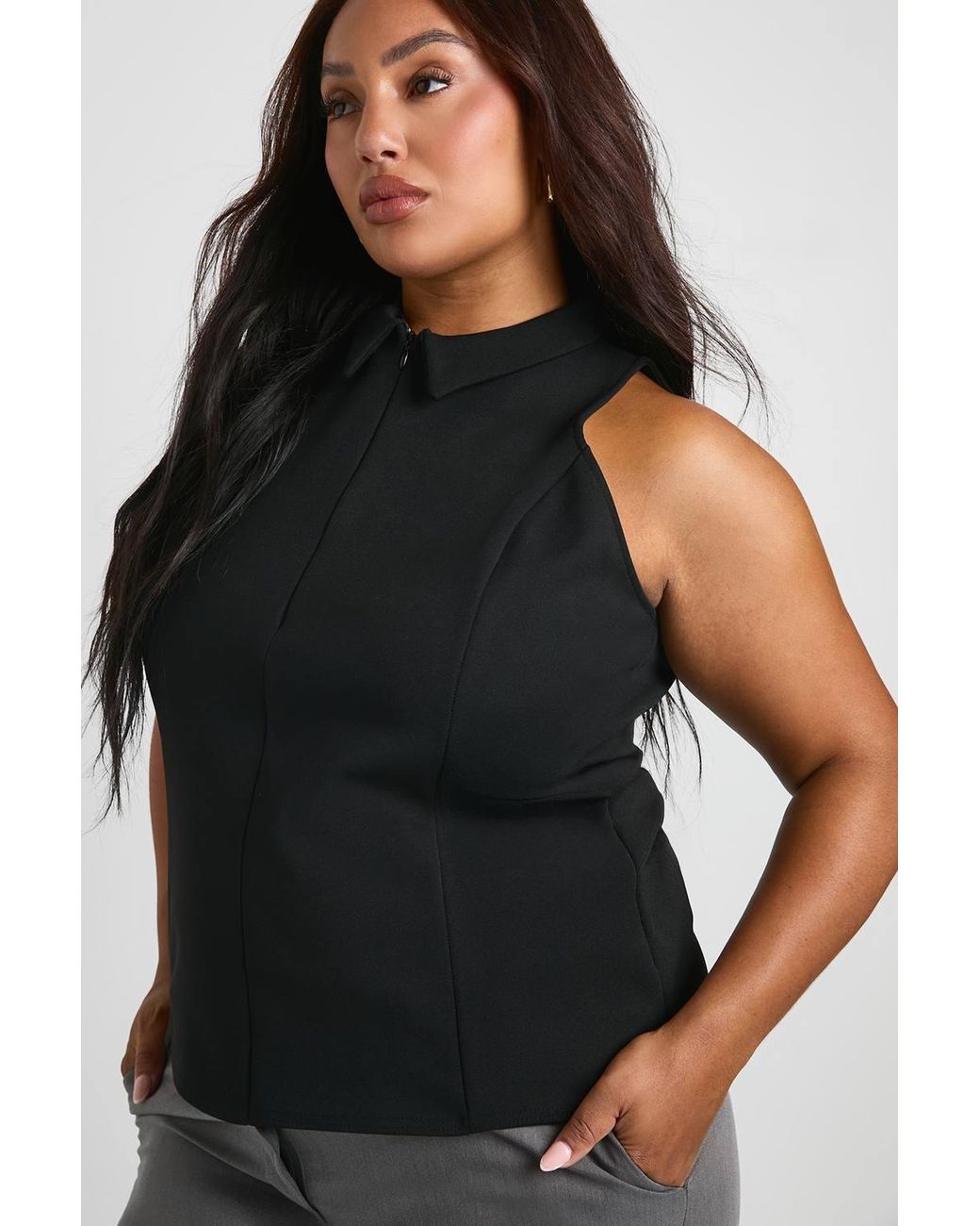 Boohoo Black Plus Structured Zip Down Collared Top
