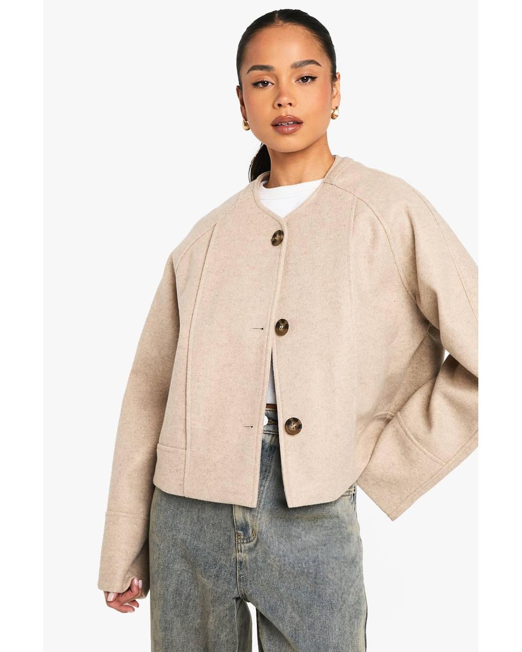 Boohoo Natural Wool Look Crew Neck Jacket