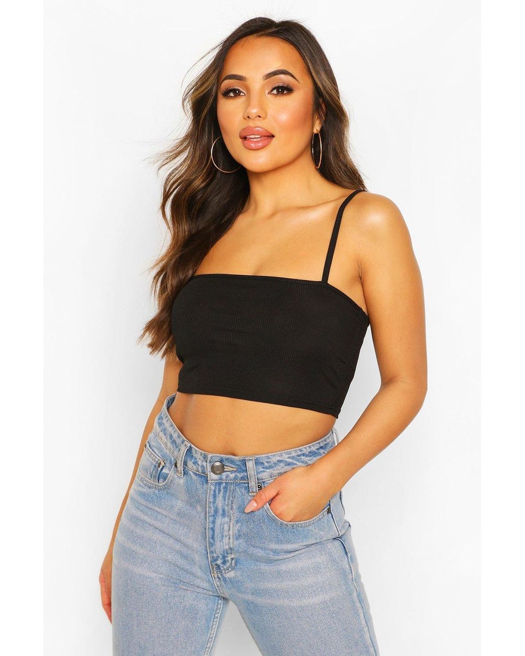 Boohoo Petite Rib Square Neck Crop Top in Black - Lyst