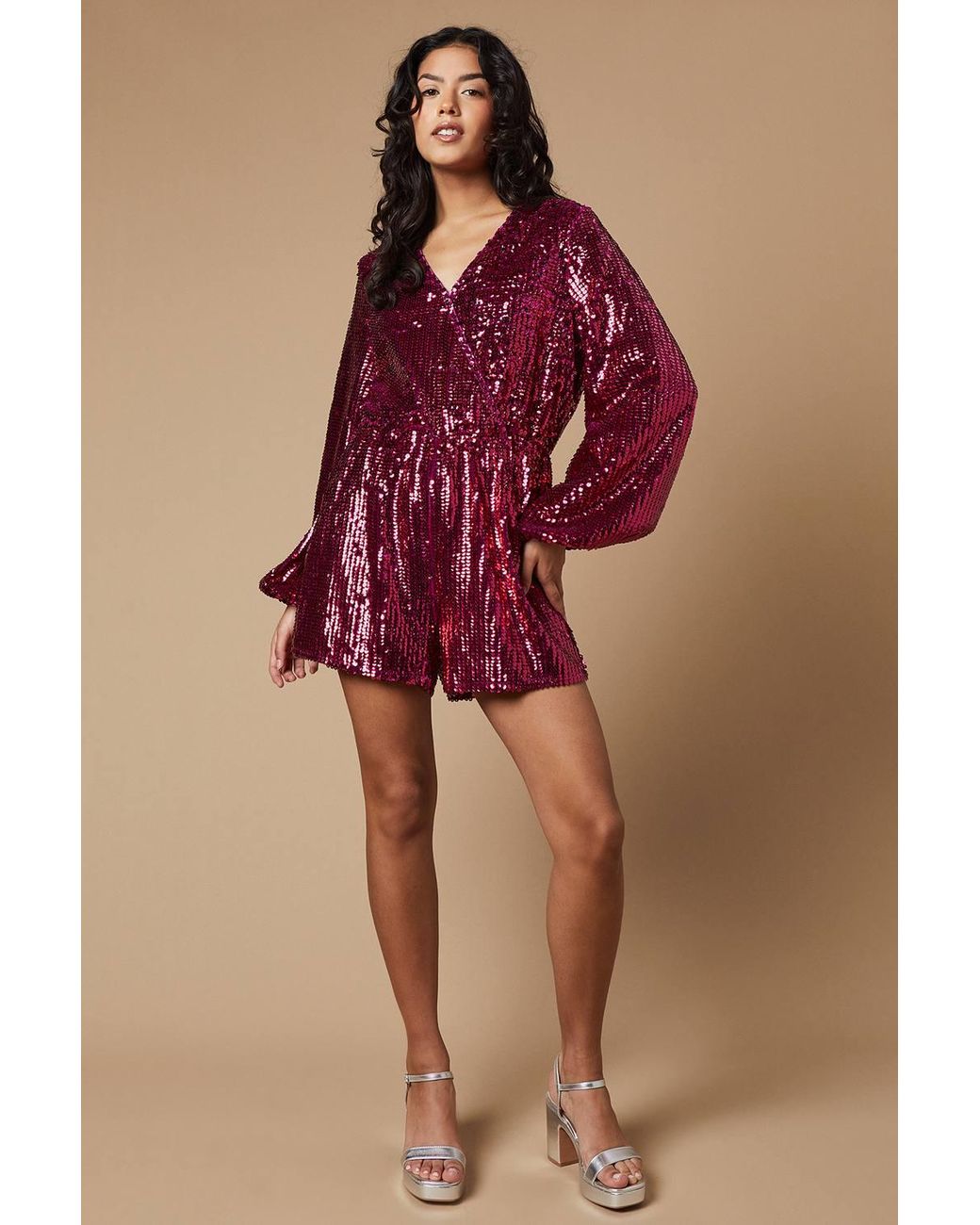 Oasis Red Petite Sequin Stripe Wrap Romper