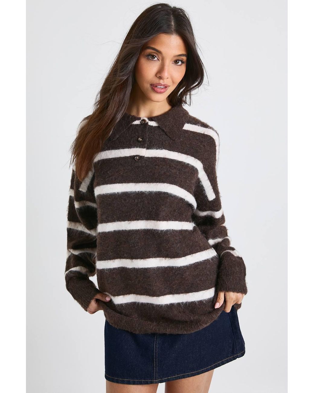 Boohoo Brown Super Soft Stripe Button Down Oversized Collared Sweater