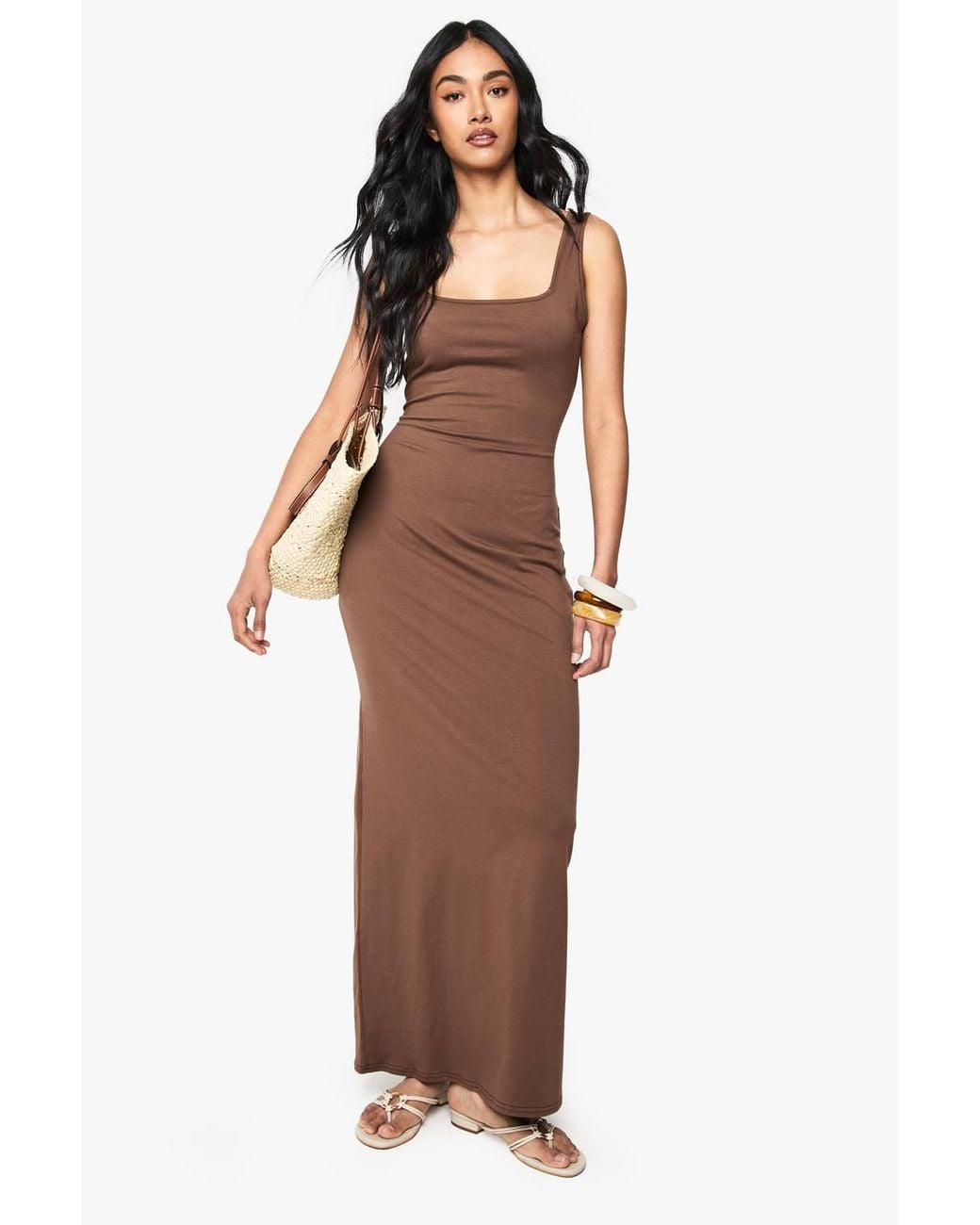 Boohoo Cotton Scoop Neck Column Maxi Dress in Brown | Lyst