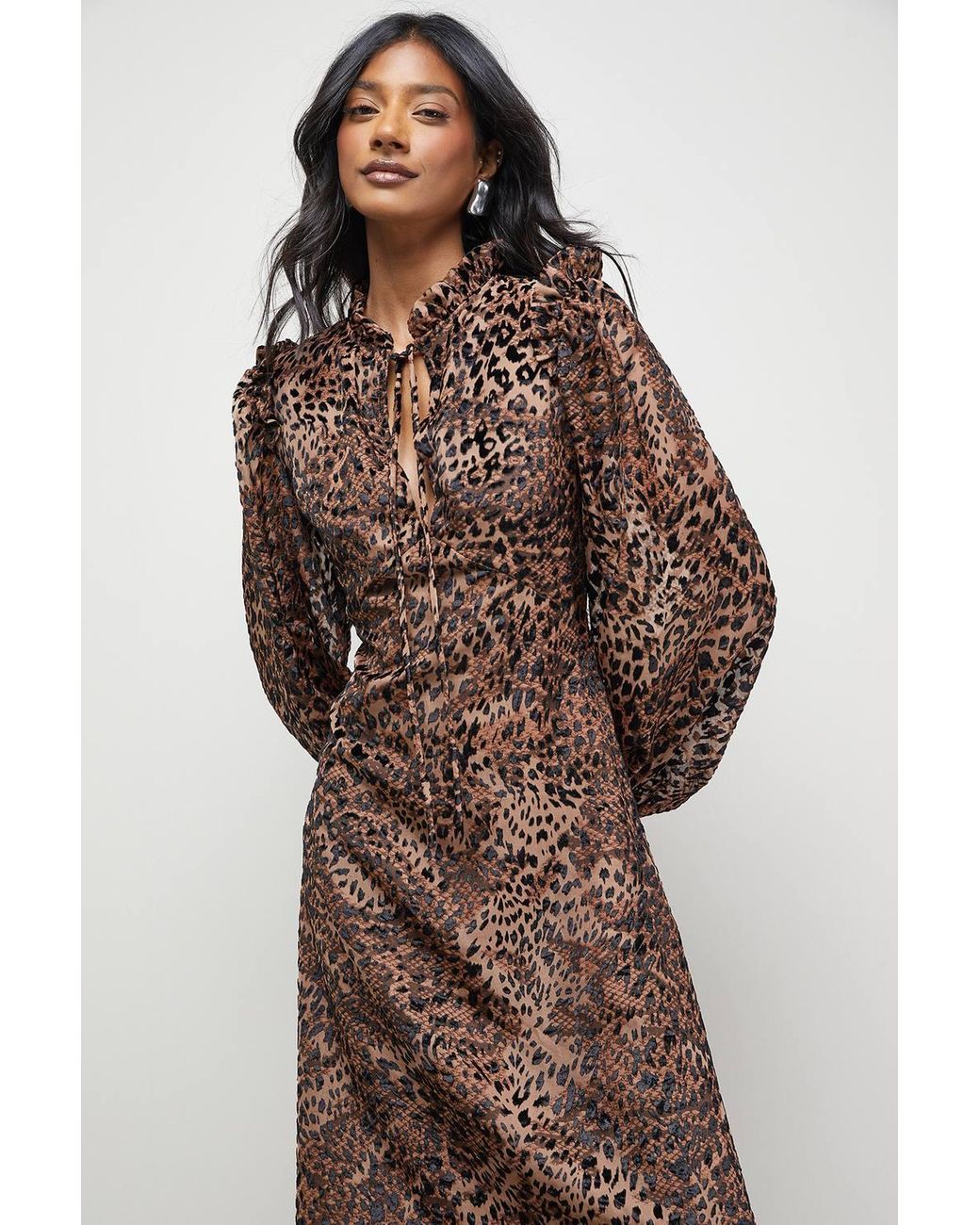 Warehouse Brown Burnout Velvet Frill Shoulder Tie Front Midi Dress