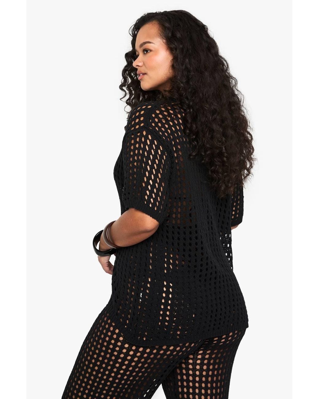 Boohoo Black Plus Beach Knit Button Down Shirt