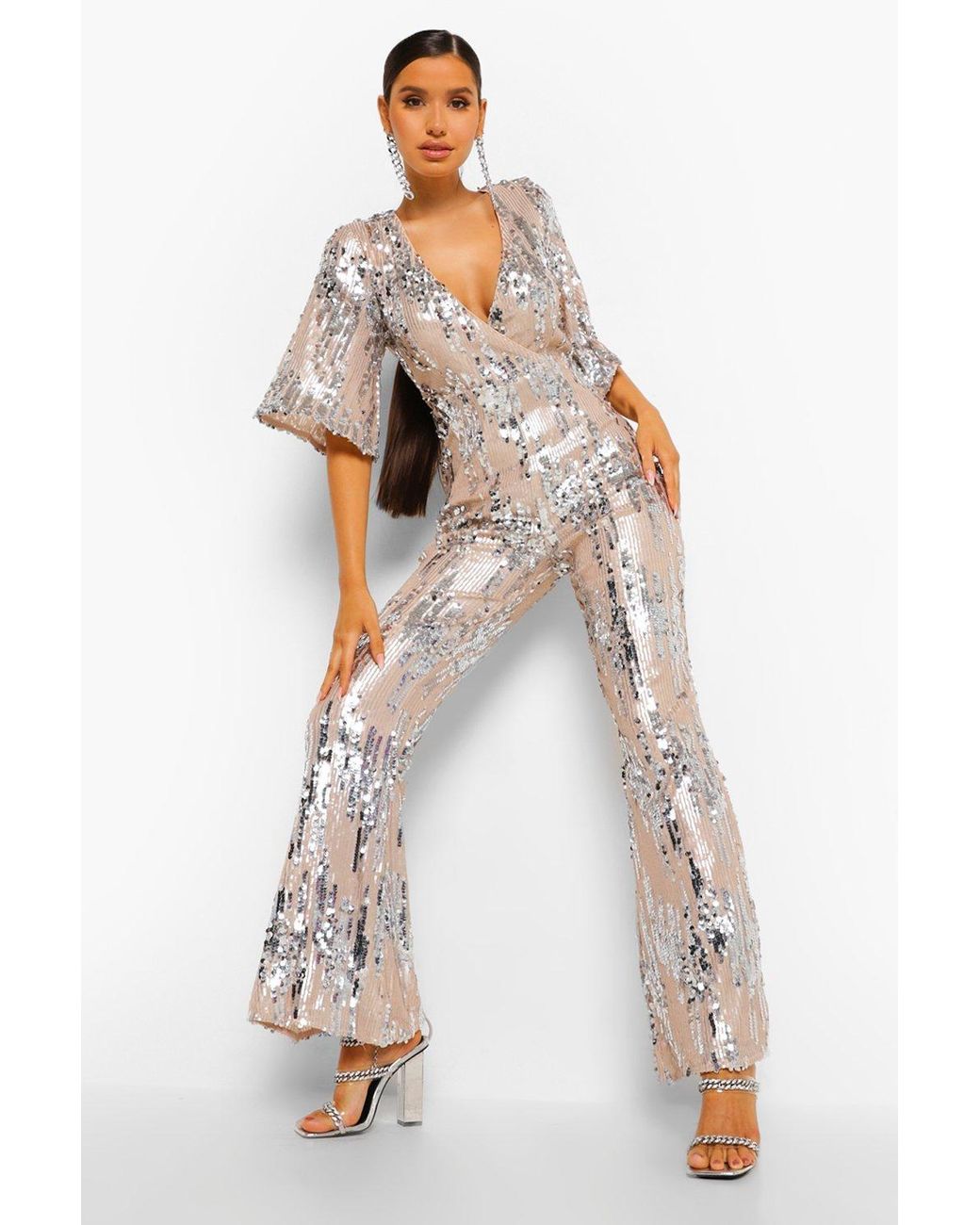 Boohoo Premium Sequin Kimono Sleeve Flared Jumpsuit in Natural | Lyst Canada