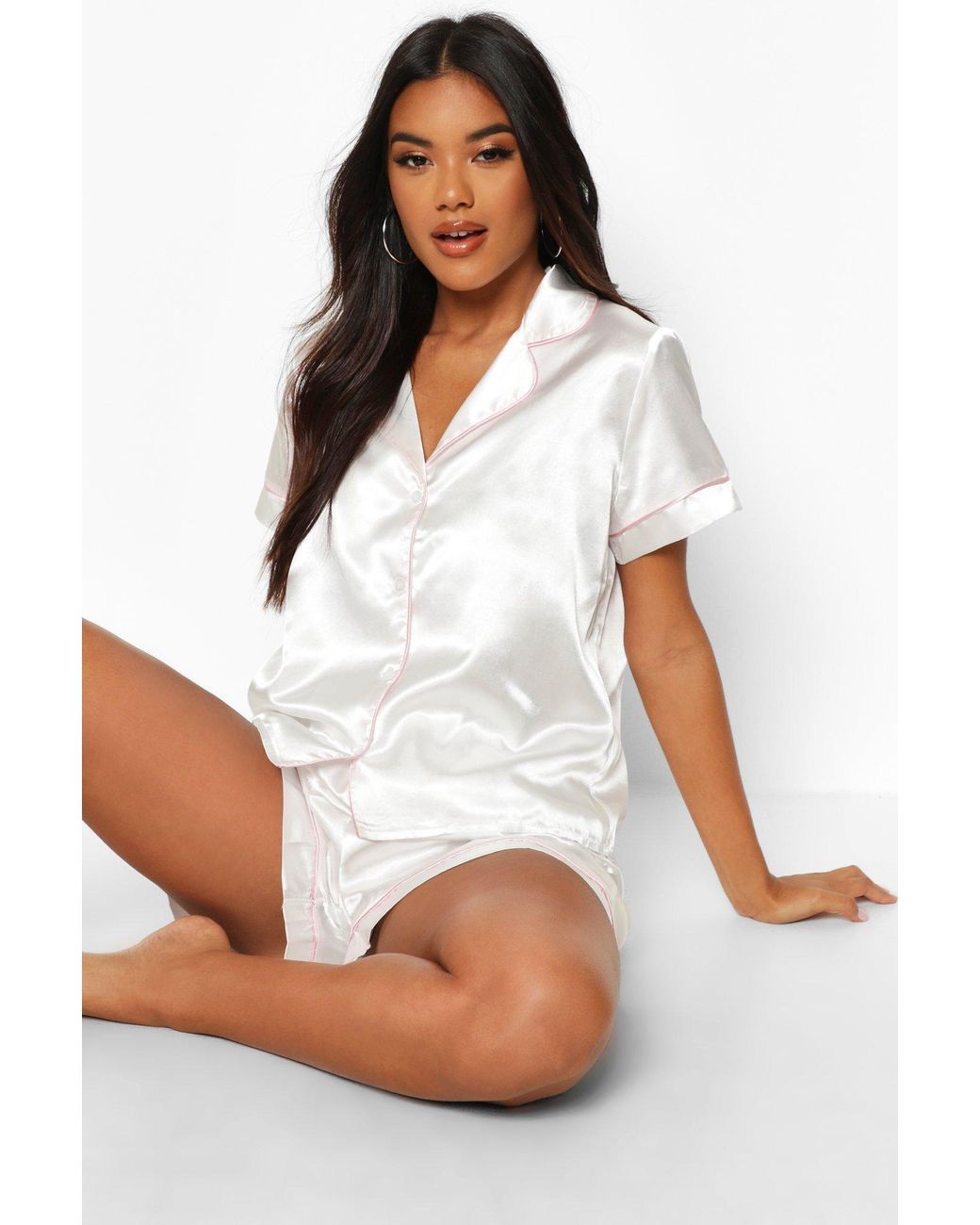 Boohoo Satin Pj Short Set With Contrast Piping in White | Lyst