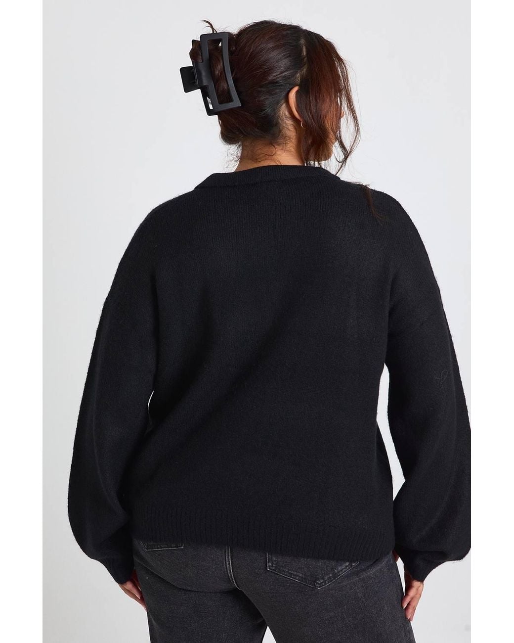 Boohoo Black Plus Collared V Neck Knit Top