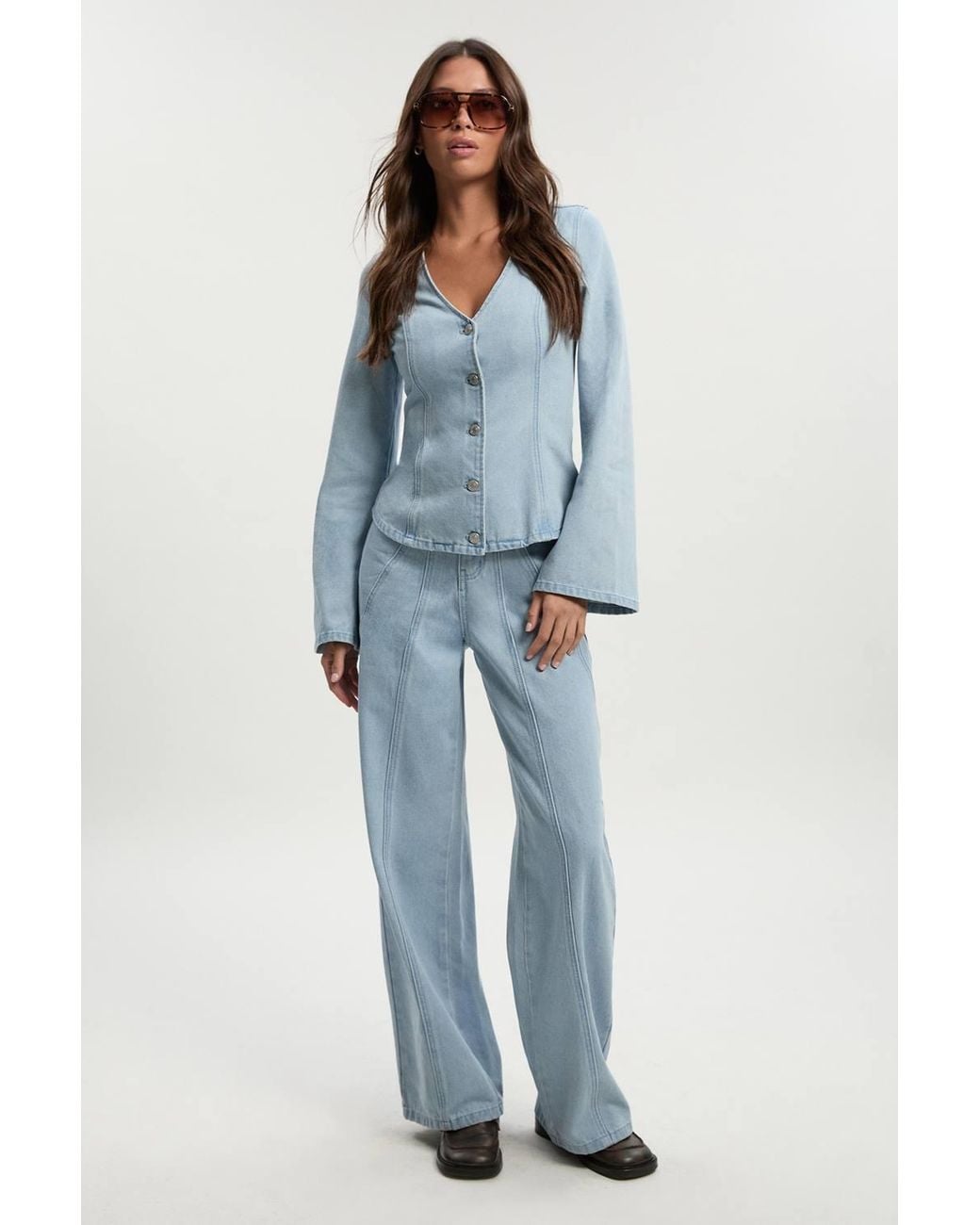 Boohoo Blue Button Down Seam Detail Denim Jacket