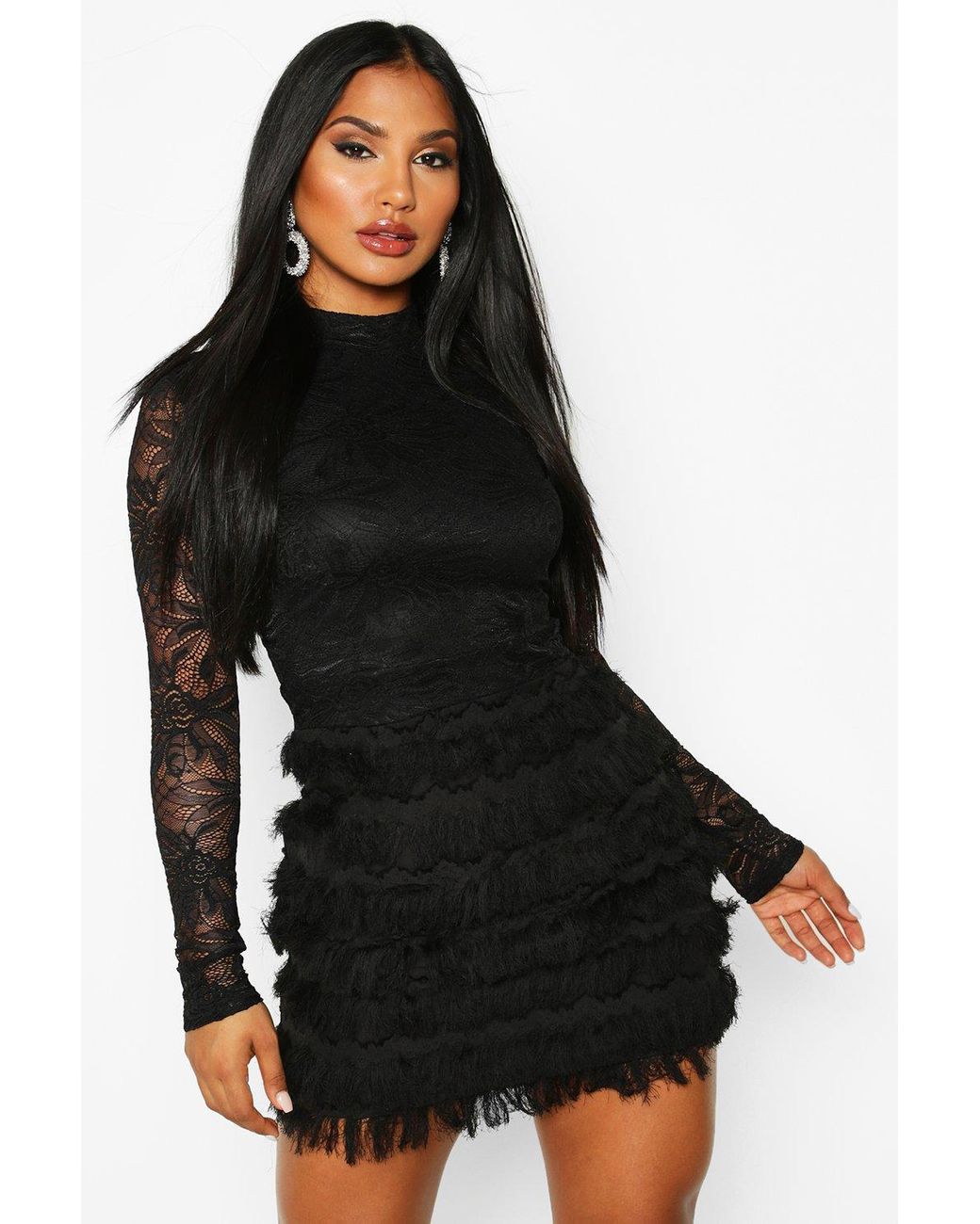 Boohoo Lace Fringe High Neck Mini Dress 
