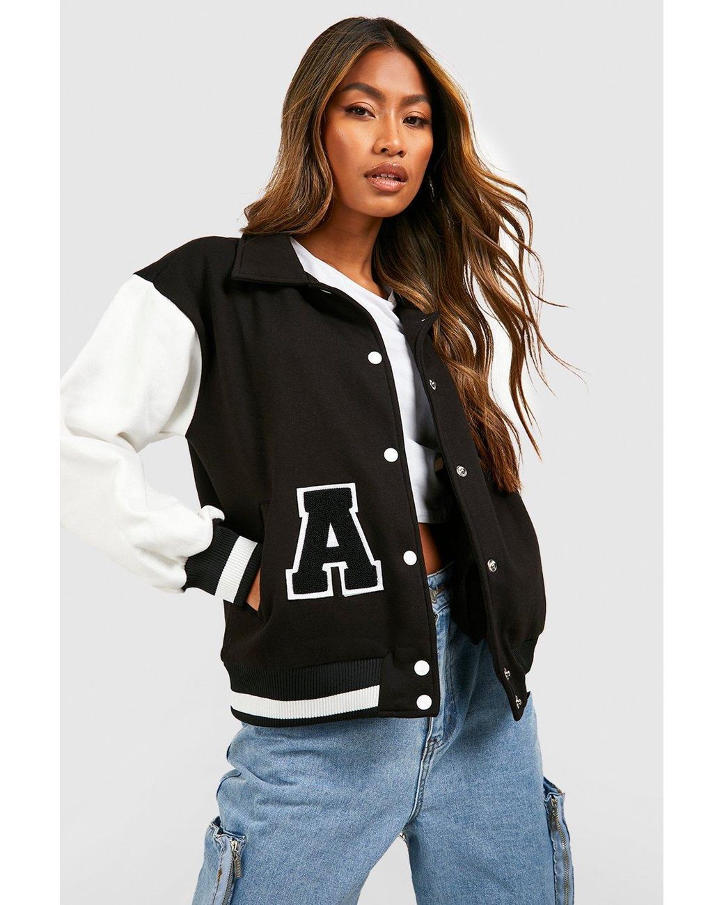 boohoo Petite PU Sleeve Oversized Varsity Jacket - Navy