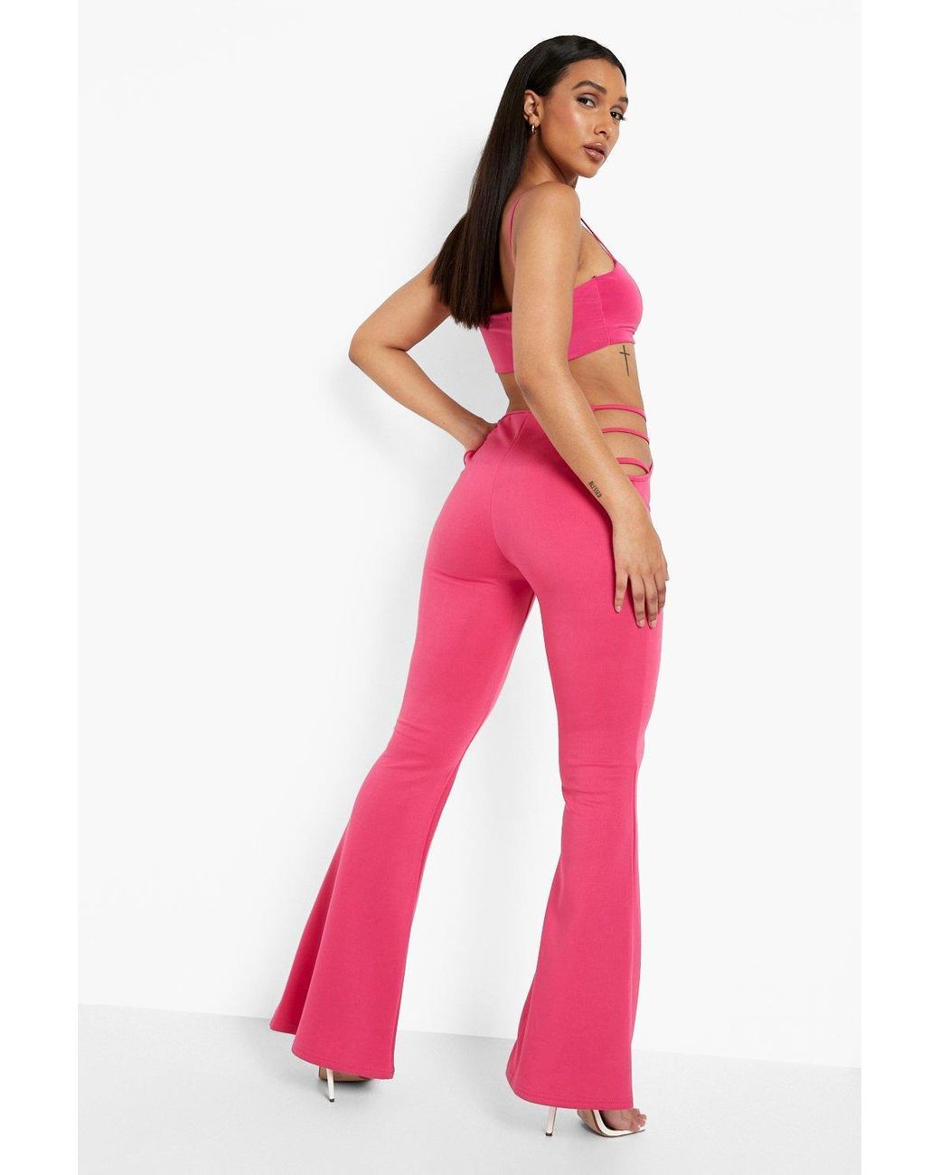 Boohoo Side Cut Out Flare Trousers in Pink | Lyst