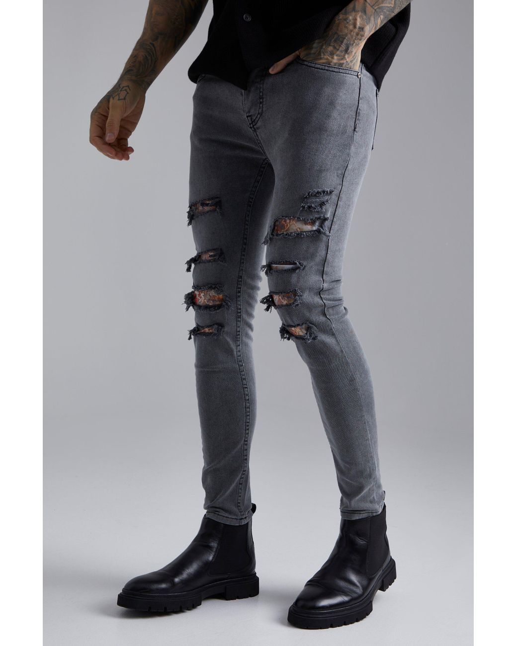 BoohooMAN Skinny Renaissance Rip & Repair Jeans in Black for Men | Lyst