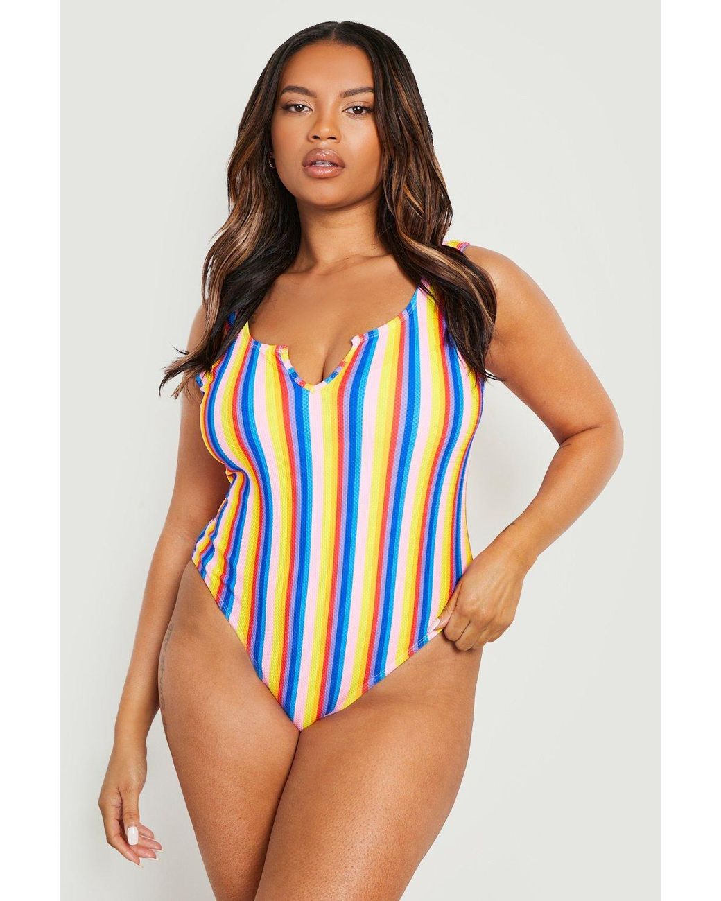 Boohoo Plus Rainbow Seersucker Notch Bathing Suit Lyst