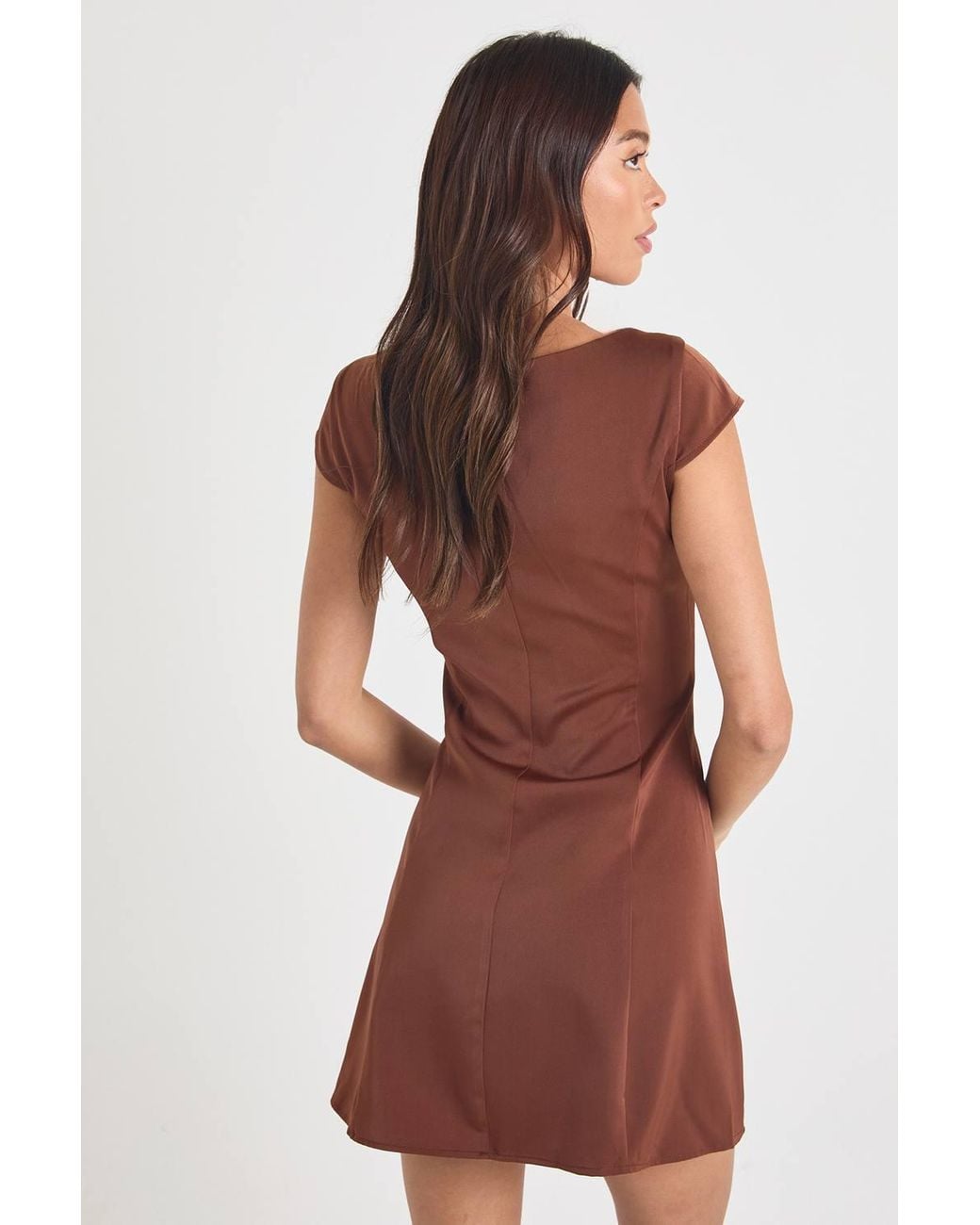 Boohoo Satin Cap Sleeve Mini Shift Dress in Brown | Lyst Boohoo Satin Cap Sleeve Mini Shift Dress in Brown | Lyst