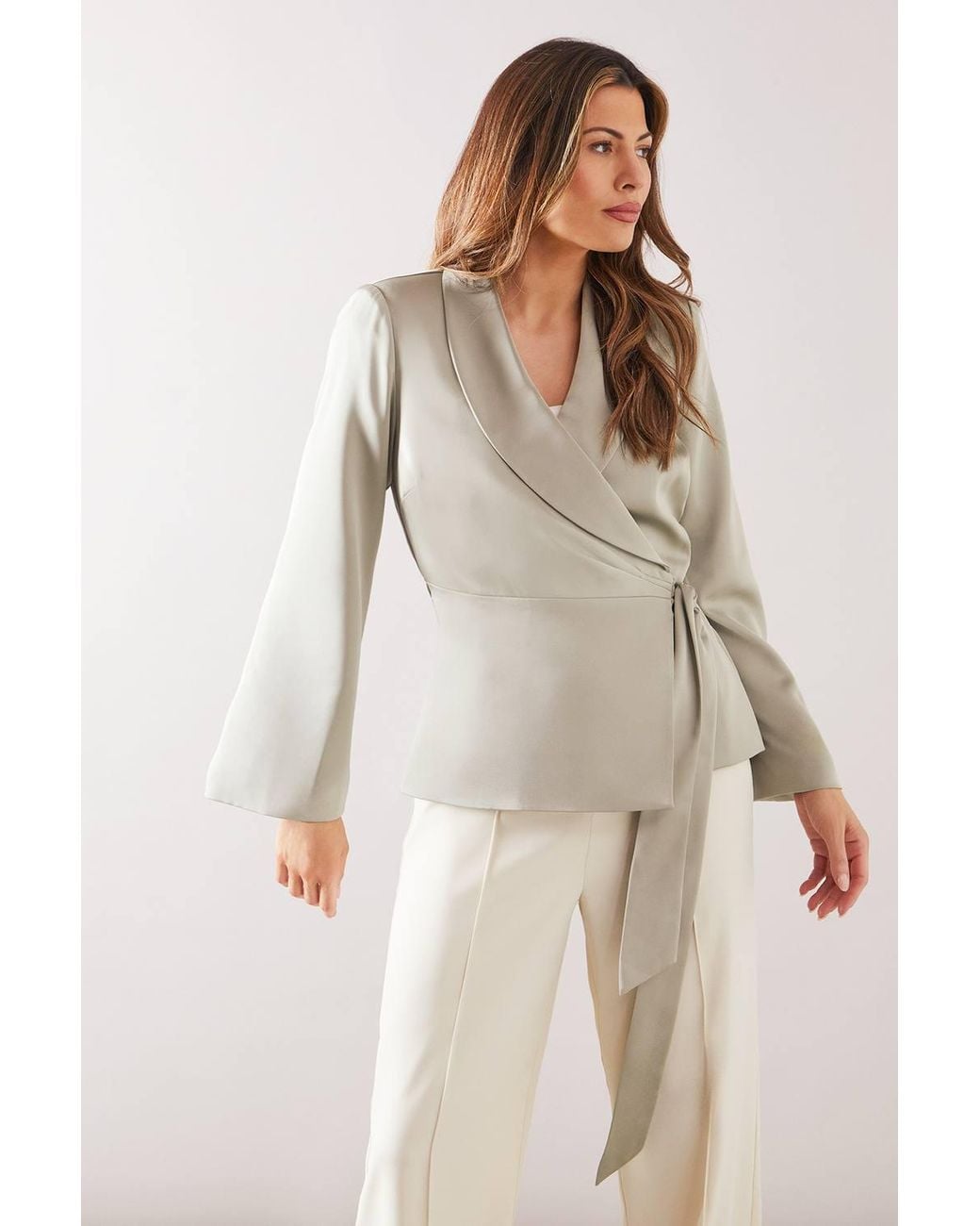 Wallis Natural Fluid Satin Wrap Tie Jacket