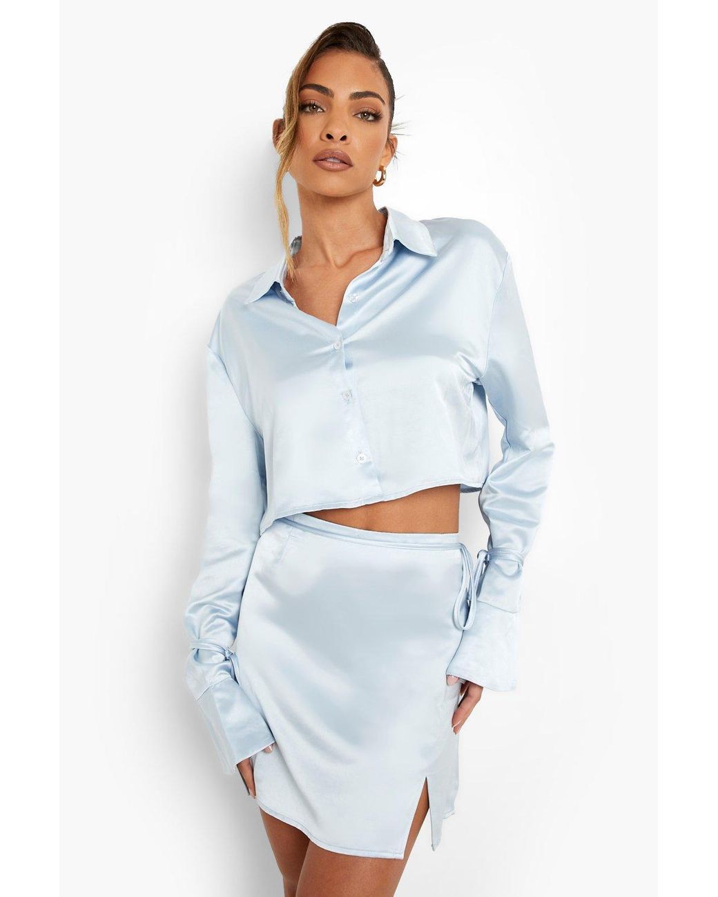 Boohoo Satin Tie Detail Cropped Shirt u0026 Skirt Co-ord in Blue | Lyst UK