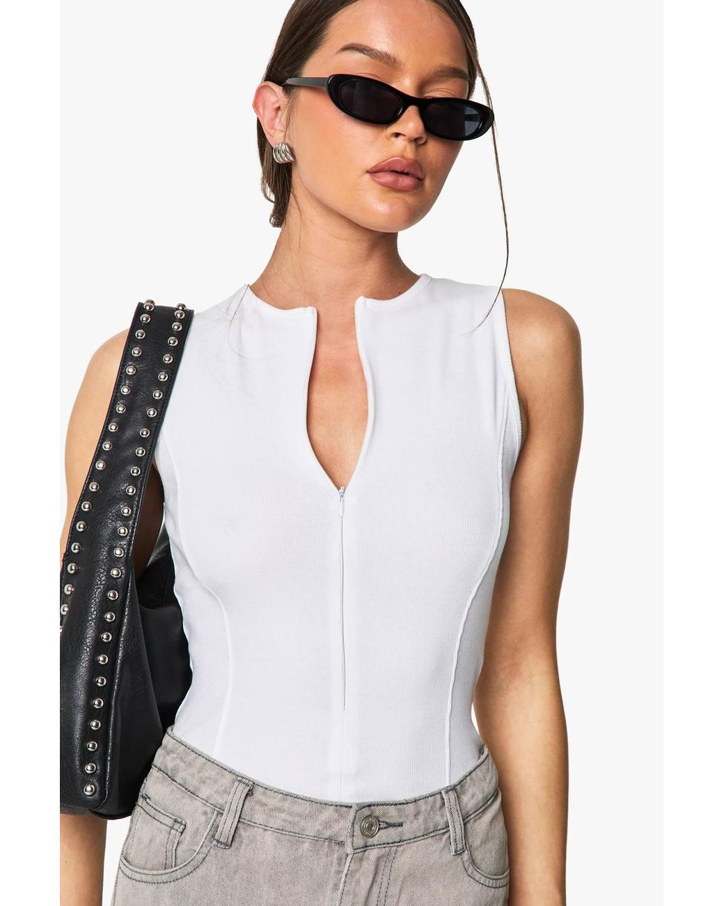 Boohoo White Rib Zip Through Sleeveless Top