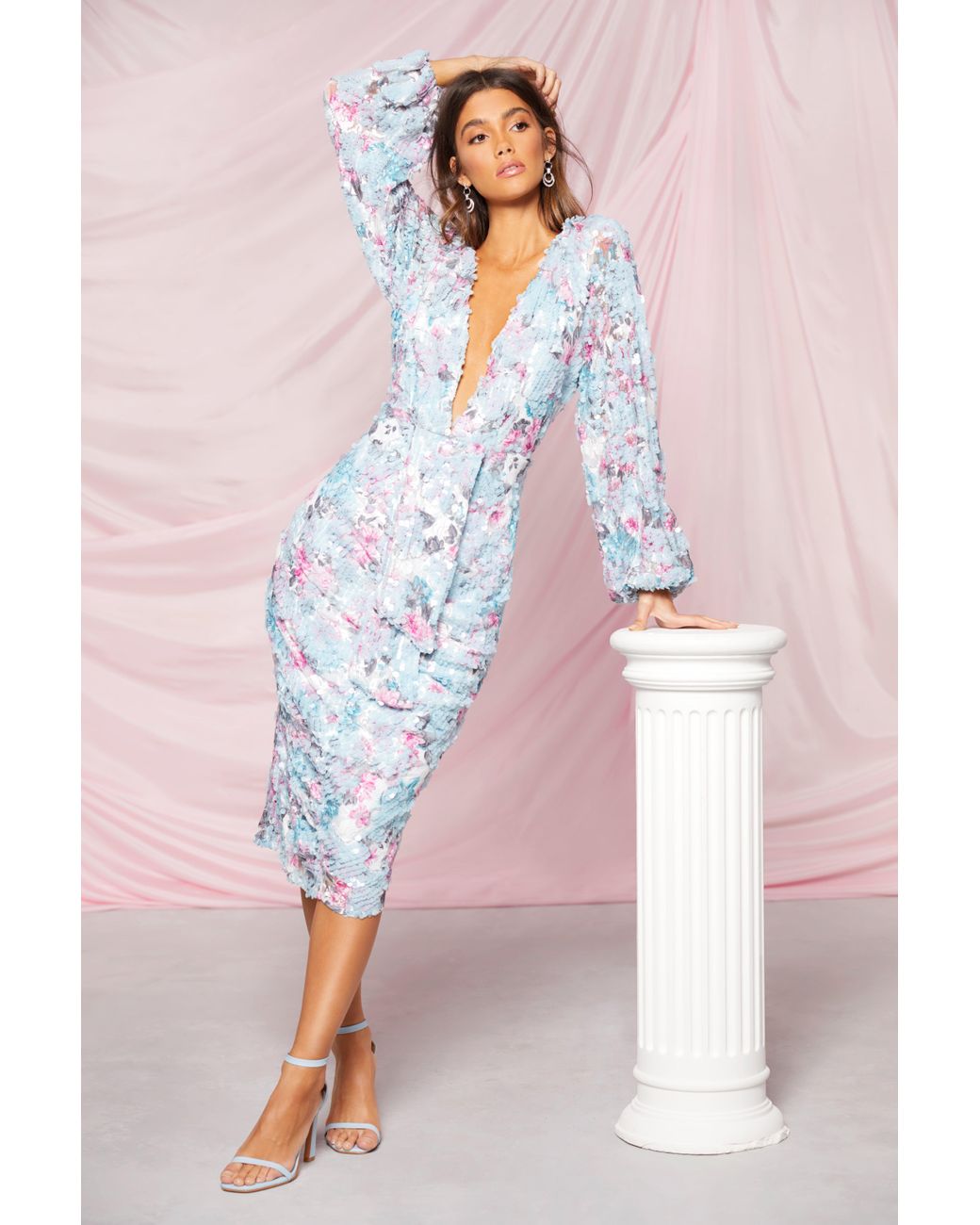 Boohoo Occasion Sequin Puff Sleeve Midi Dress in Blue - Lyst