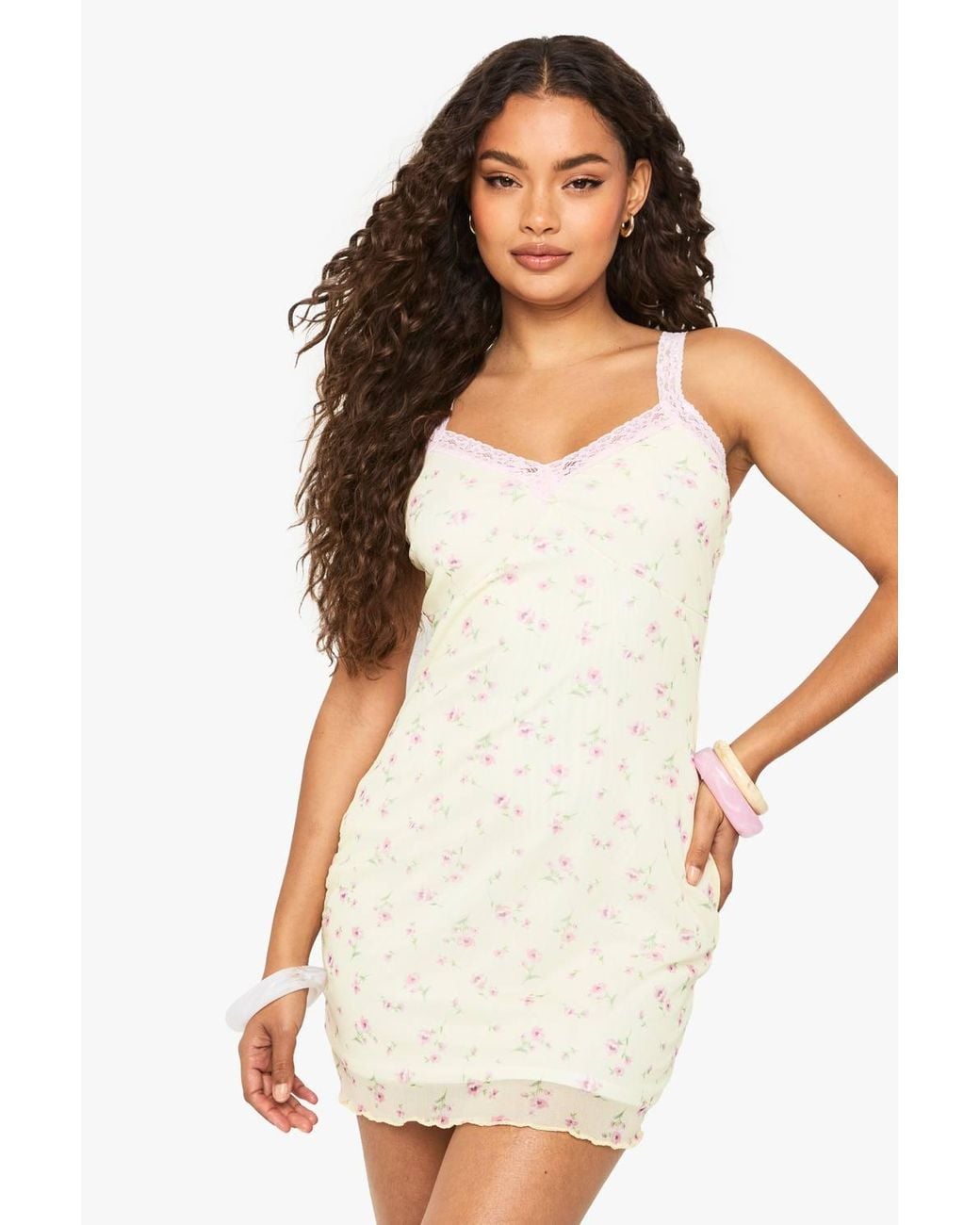 Boohoo Ditsy Floral Contrast Lace Trim Mesh Slip Dress in White | Lyst Boohoo Ditsy Floral Contrast Lace Trim Mesh Slip Dress in White | Lyst